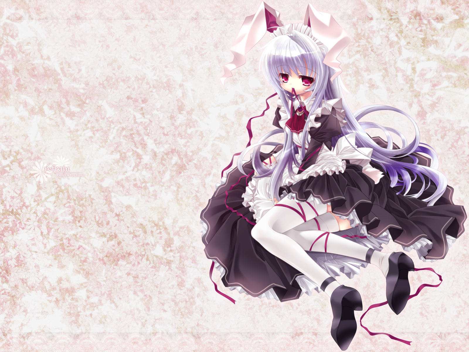 capura lin, reisen udongein inaba, touhou, highres, 1girl, animal ears, apron, black shoes, female focus, high heels, long hair, lying, maid, maid apron, maid headdress, purple hair, rabbit ears, red eyes, ribbon, shoes, solo, thighhighs