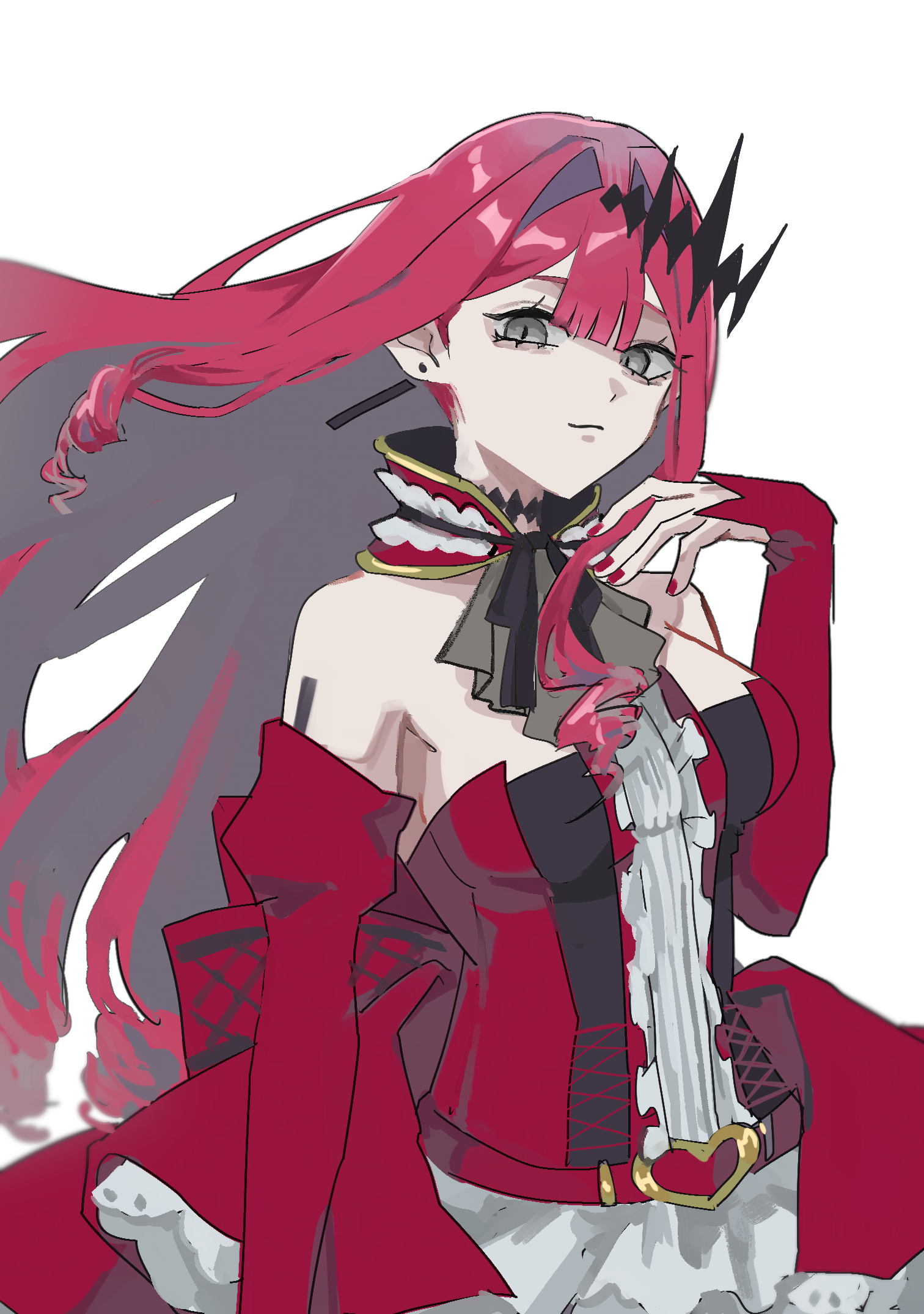 hiyakamosirenai, baobhan sith (fate), baobhan sith (first ascension) (fate), fate/grand order, fate (series), commentary request, highres, 1girl, bare shoulders, breasts, detached sleeves, dress, earrings, frilled dress, frills, grey eyes, hand up, jewelry, long hair, looking at viewer, pink hair, red dress, sidelocks, solo
