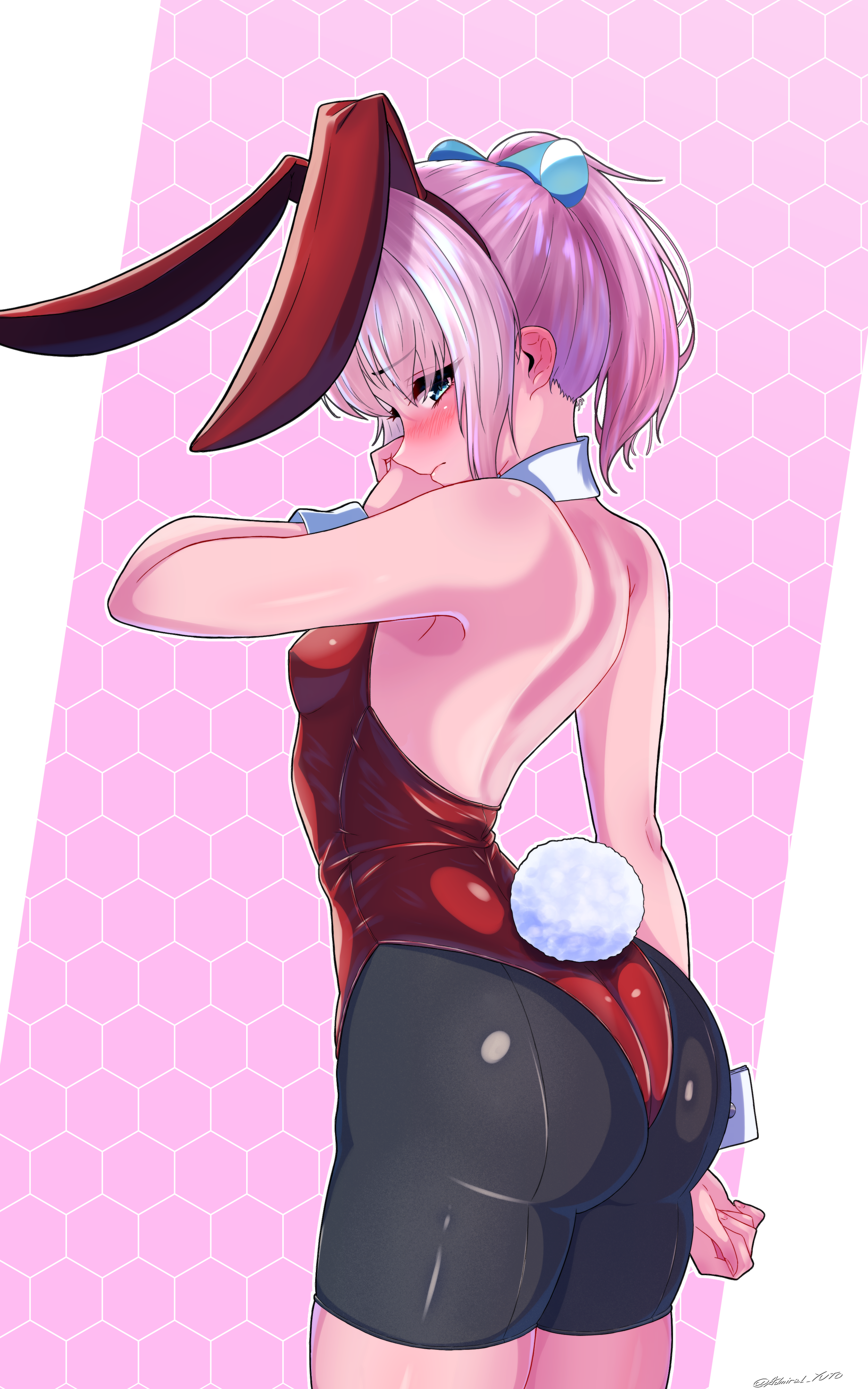 yoko hata, shiranui (kancolle), kantai collection, absurdres, highres, 1girl, animal ear hairband, animal ears, ass, bike shorts, bike shorts under leotard, black shorts, blue eyes, blue ribbon, blush, breasts, detached collar, embarrassed, fake animal ears, fake tail, from side, hairband, highleg, highleg leotard, leotard, neck ribbon, pink hair, playboy bunny, ponytail, rabbit ear hairband, rabbit ears, rabbit tail, red leotard, ribbon, short hair, shorts, small breasts, solo, strapless, strapless leotard, tail, white wrist cuffs, wrist cuffs