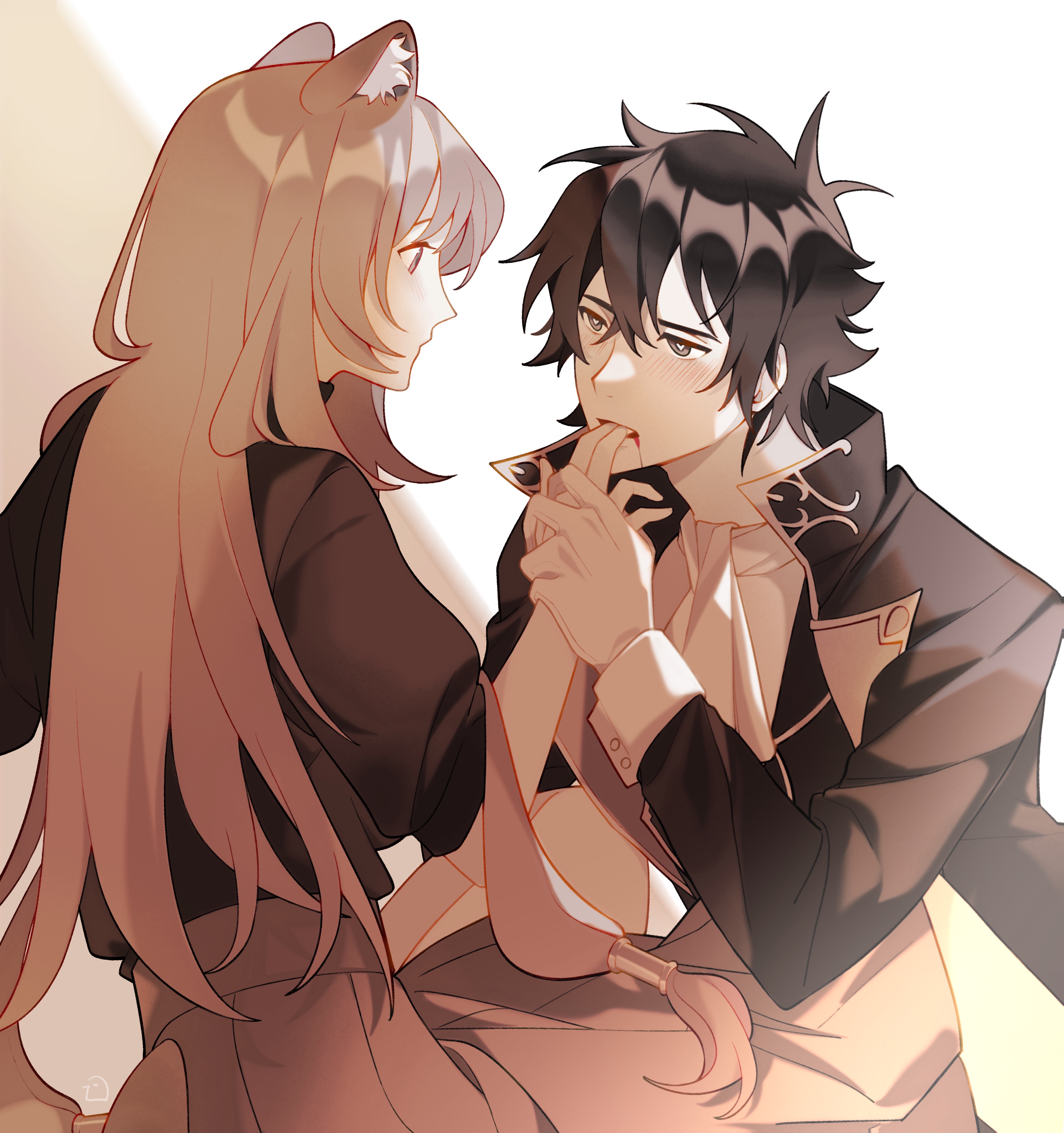 dice657523, iwatani naofumi, raphtalia, tate no yuusha no nariagari, absurdres, chinese commentary, commentary request, highres, 1boy, 1girl, animal ear fluff, animal ears, ascot, biting another's finger, black hair, black jacket, black shirt, blood on mouth, blush, brown hair, brown skirt, collared jacket, hair between eyes, half-closed eyes, heart, heart-shaped pupils, high collar, jacket, long hair, looking at another, messy hair, metal hair tubes, raccoon ears, raccoon girl, raccoon tail, sepia, shirt, short hair, short sleeves, sidelocks, skirt, straight hair, symbol-shaped pupils, tail, two-tone background, vampire, white ascot, white background, white shirt