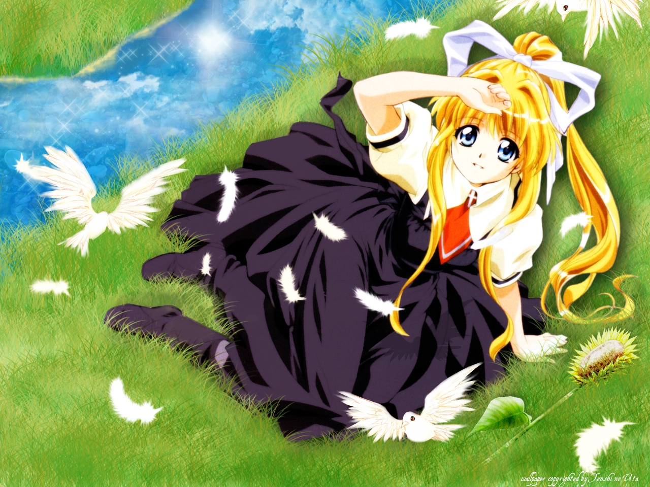 kamio misuzu, air (visual novel), 00s, bird, blonde hair, blue eyes, boots, bow, cross, feathers, grass, hair bow, long hair, school uniform, very long hair