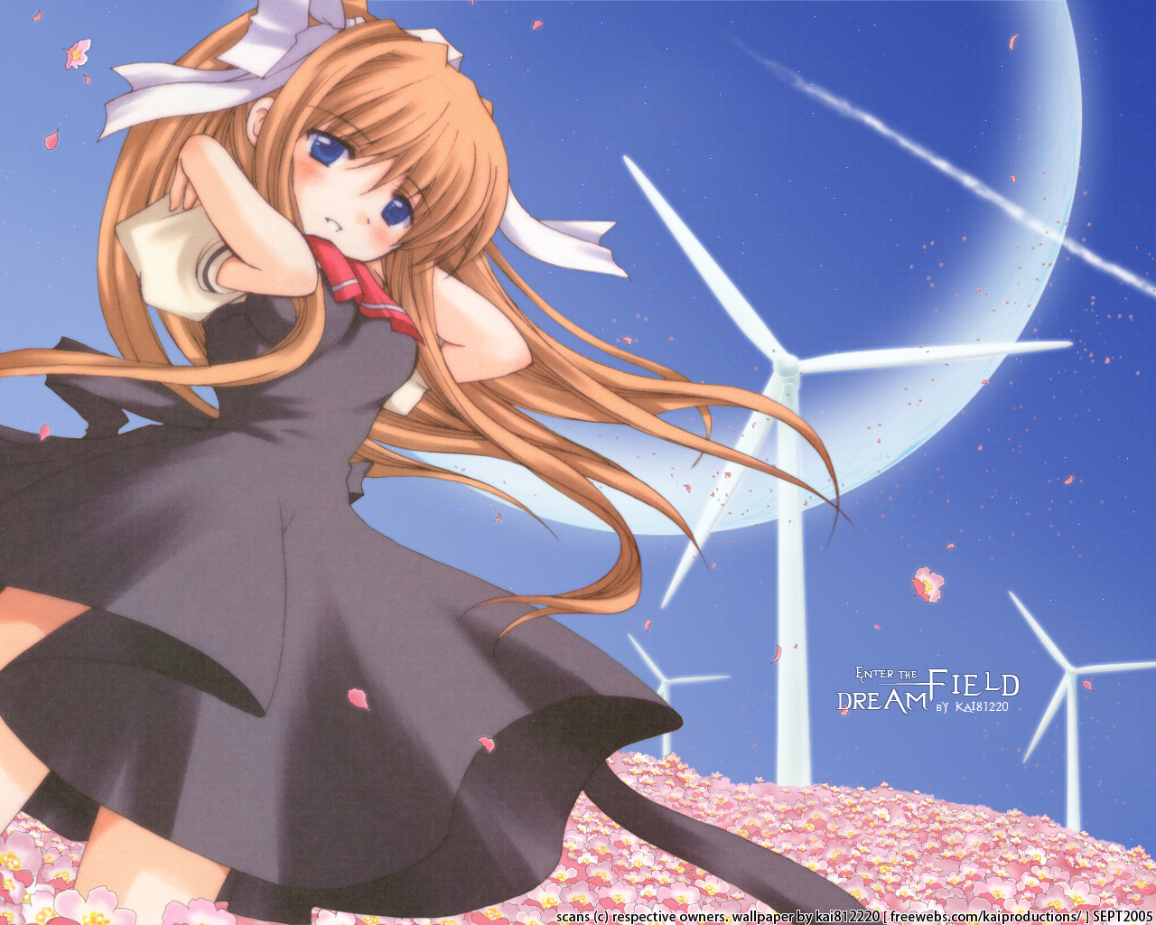 kamio misuzu, air (visual novel), 00s, blonde hair, blue eyes, blush, bow, flower, from below, hair bow, long hair, school uniform, windmill
