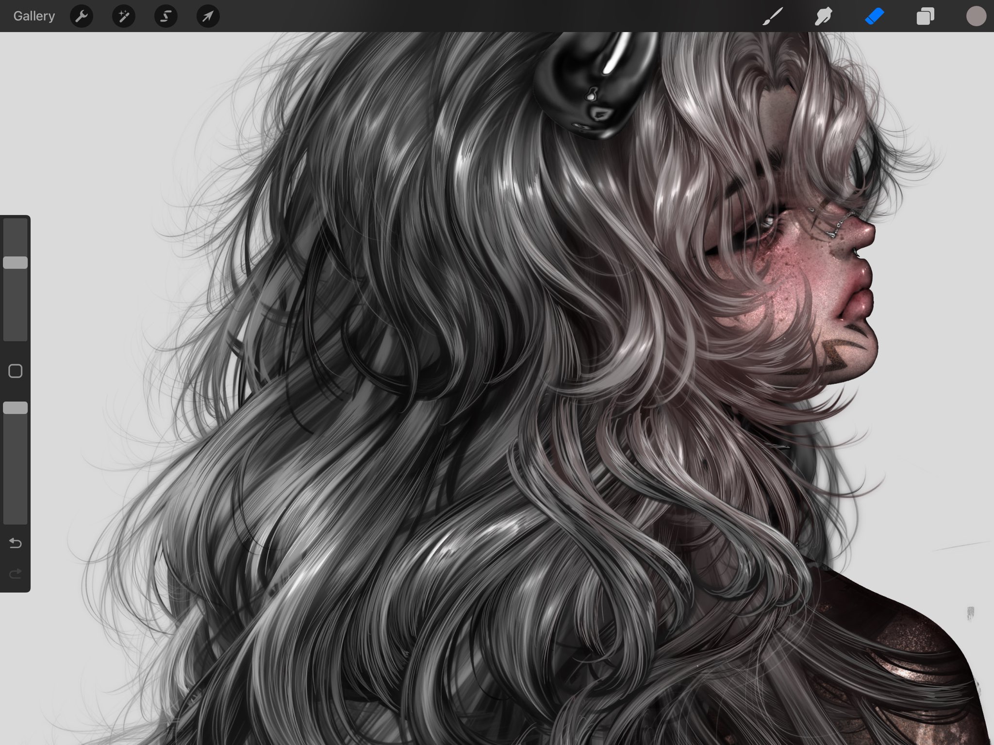 original, commentary, english commentary, highres, unfinished, 1girl, apr1i6, art program in frame, black eyes, closed mouth, facial mark, grey hair, lips, long hair, looking at viewer, looking back, realistic, simple background, solo, upper body, white background