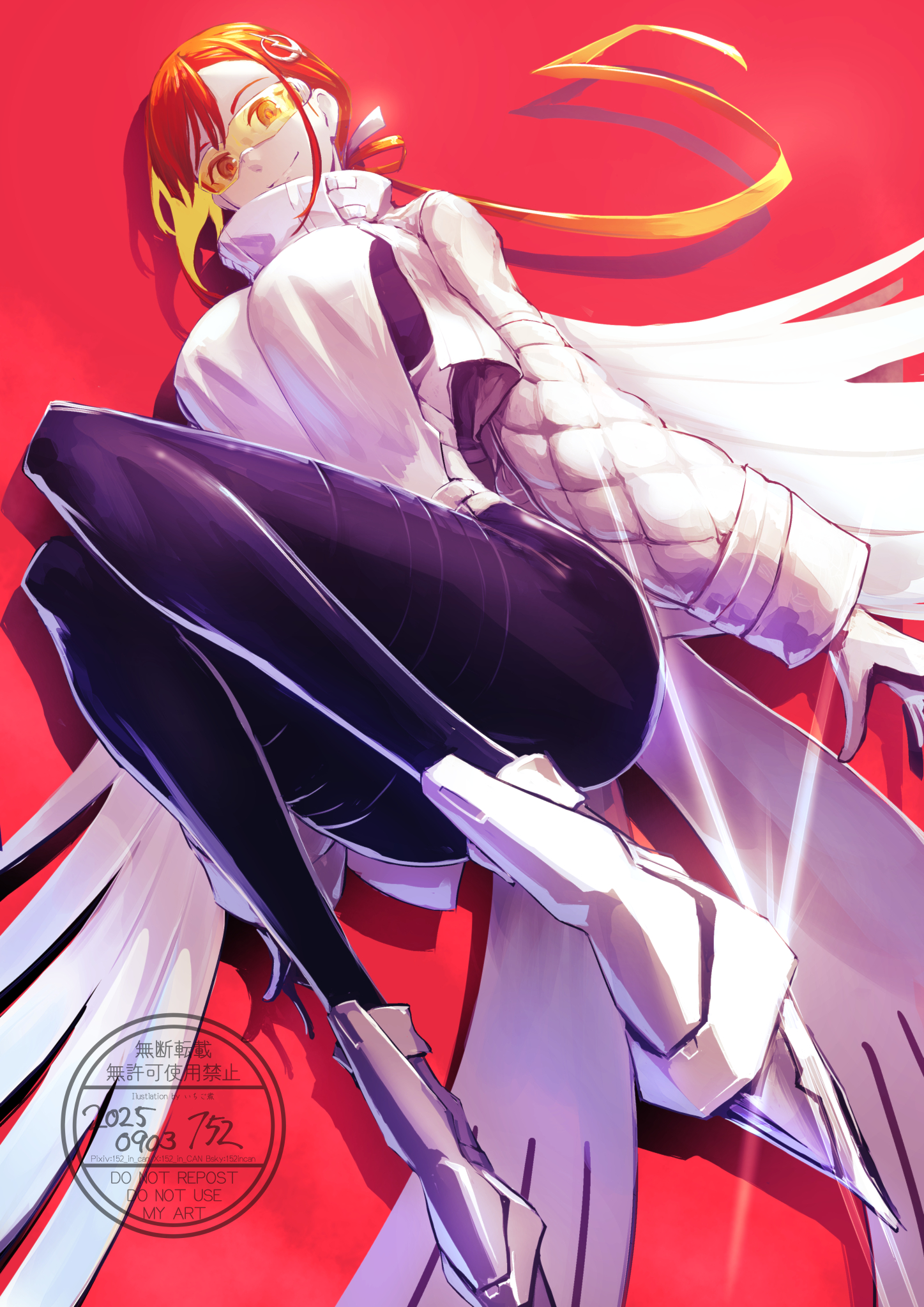 152 in can, jeunesse crane (fate), miss crane (fate), fate/grand order, fate (series), highres, 1girl, blonde hair, breasts, colored inner hair, goggles, jacket, jeunesse crane (third ascension) (fate), large breasts, long hair, long sleeves, looking at viewer, low ponytail, multicolored hair, orange-tinted eyewear, pelvic curtain, ponytail, purple eyes, red hair, smile, solo, tabard, tinted eyewear, white jacket, winged sleeves