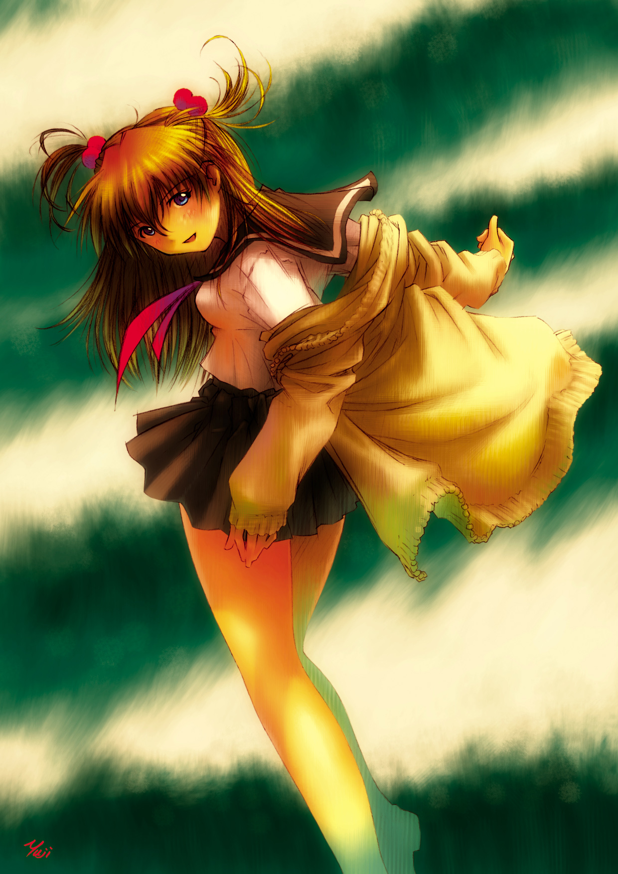 kobayashi yuji, souryuu asuka langley, a-type, neon genesis evangelion, highres, 1girl, blue eyes, brown hair, female focus, hair ornament, jacket, miniskirt, necktie, school uniform, serafuku, skirt, smile, solo, standing, twintails, two side up