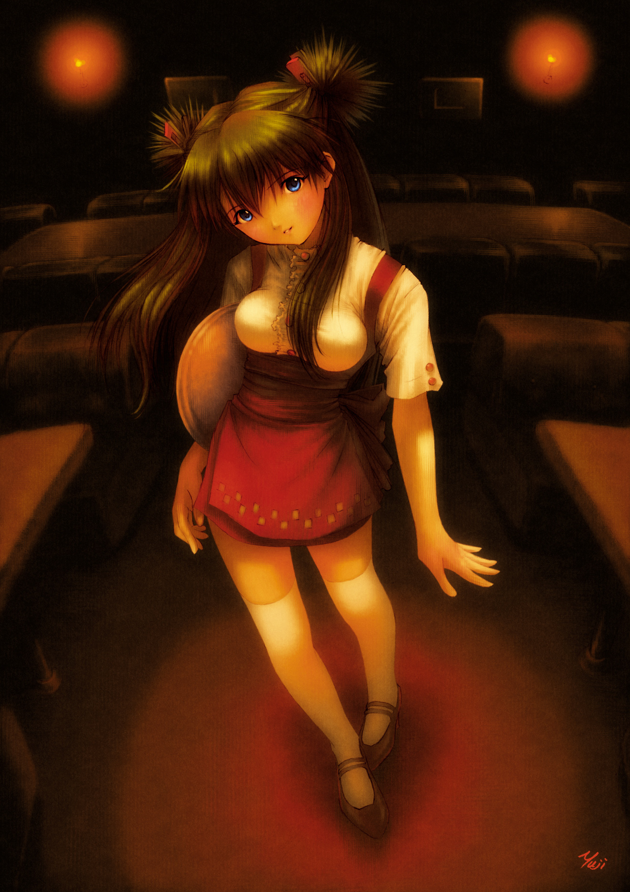 kobayashi yuji, souryuu asuka langley, a-type, neon genesis evangelion, highres, scan, 1girl, artist name, blue eyes, breasts, brown hair, dress, female focus, long hair, medium breasts, short dress, socks, solo, thighhighs, twintails, waitress, white thighhighs