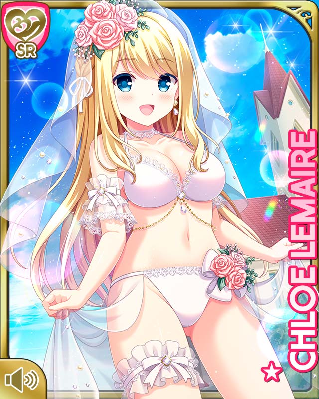 qp:flapper, chloe lemaire, girlfriend (kari), official art, 1girl, :d, bikini, blonde hair, blue eyes, breasts, card (medium), character name, cleavage, day, flower, hair flower, hair ornament, midriff, navel, open mouth, outdoors, pink flower, pink rose, rose, smile, swimsuit, wedding, white bikini