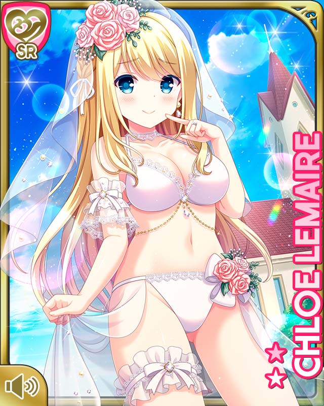 qp:flapper, chloe lemaire, girlfriend (kari), official art, 1girl, bikini, blonde hair, blue eyes, breasts, card (medium), character name, cleavage, closed mouth, day, flower, hair flower, hair ornament, midriff, navel, outdoors, pink flower, pink rose, rose, swimsuit, wedding, white bikini