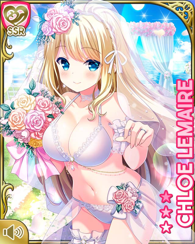 qp:flapper, chloe lemaire, girlfriend (kari), official art, 1girl, bikini, blonde hair, blue eyes, bouquet, breasts, card (medium), character name, cleavage, closed mouth, day, flower, hair flower, hair ornament, midriff, navel, outdoors, pink flower, pink rose, rose, swimsuit, wedding, white bikini
