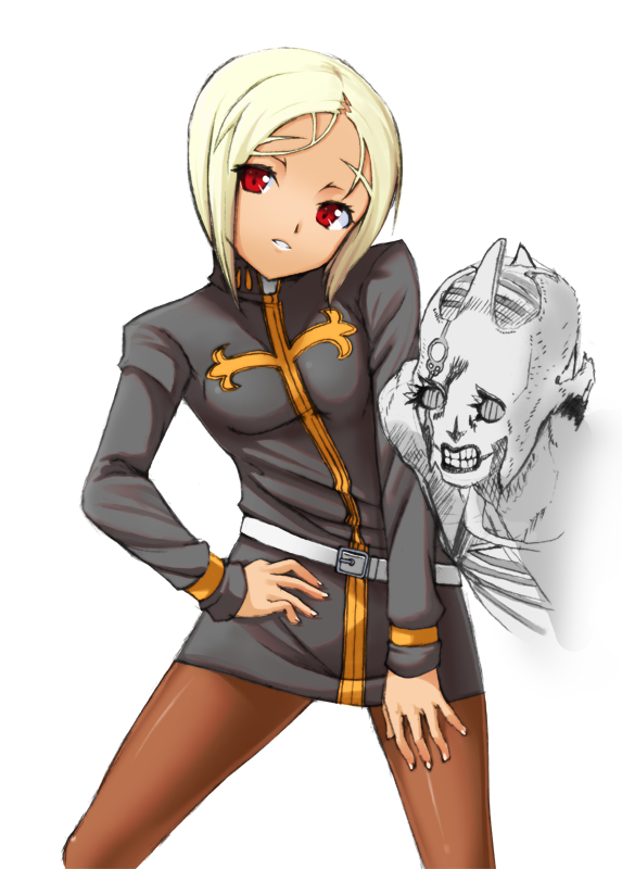 gin (ginshari), c-moon (stand), enrico pucci, jojo no kimyou na bouken, stone ocean, uniform, bad id, bad pixiv id, 1girl, blonde hair, contrapposto, dark-skinned female, dark skin, dress, female focus, genderswap, genderswap (mtf), hand on own hip, looking at viewer, pantyhose, red eyes, short dress, short hair, simple background, solo, stand (jojo), white background