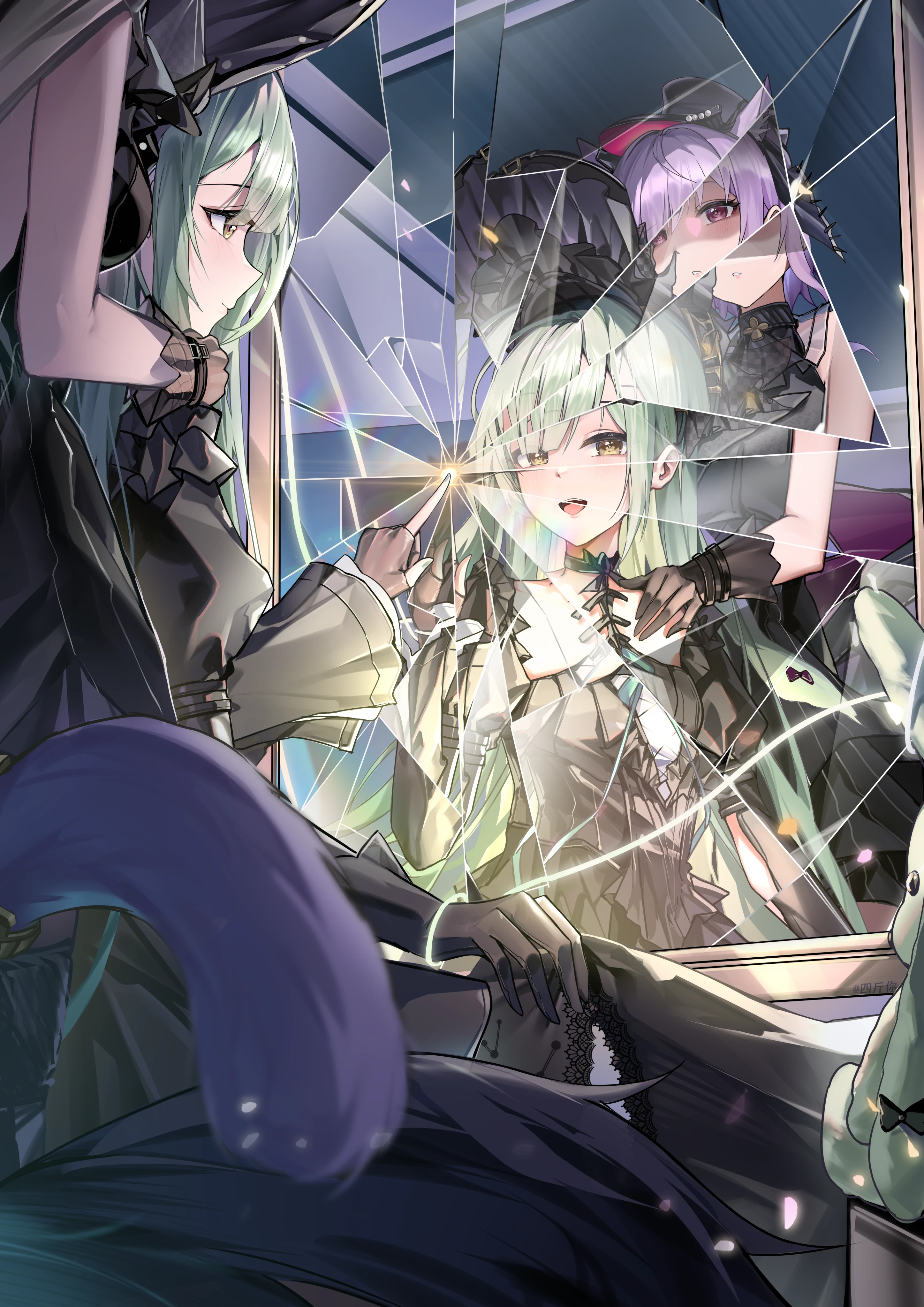 sijinni, mortis (bang dream!), mortis (persona) (bang dream!), wakaba mutsumi, bang dream!, bang dream! it's mygo!!!!!, absurdres, highres, 2girls, :d, bare shoulders, black dress, black gloves, breasts, broken glass, closed mouth, dress, dual persona, eyes in shadow, glass, gloves, green hair, hand on another's shoulder, indoors, long hair, looking at viewer, medium breasts, multiple girls, open mouth, parted lips, purple eyes, purple hair, purple tail, small breasts, smile, tongue, tongue out, upper body, very long hair, yellow eyes