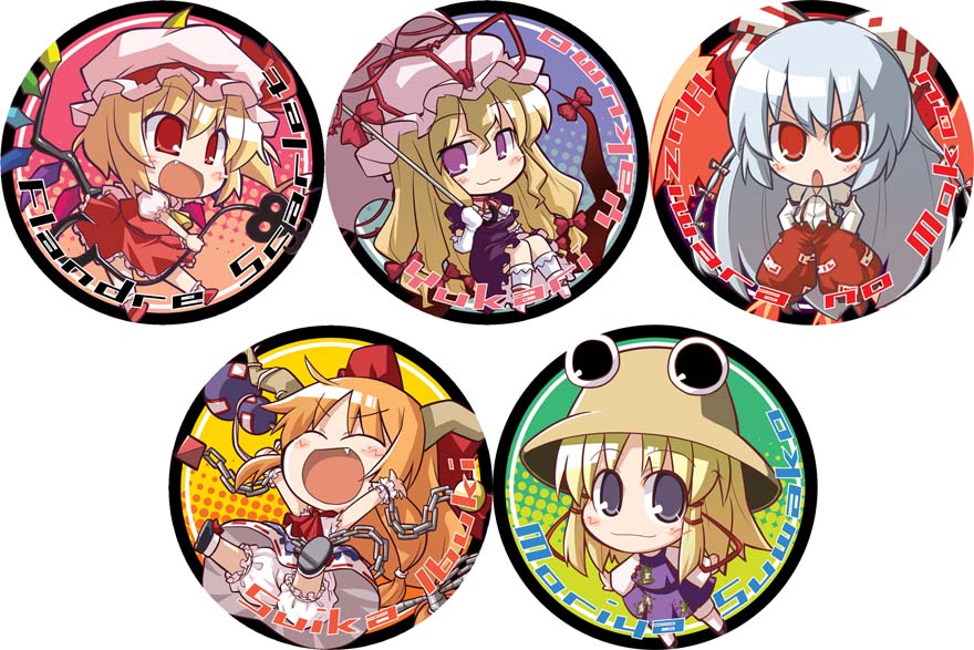 akaneya, flandre scarlet, fujiwara no mokou, ibuki suika, moriya suwako, yakumo yukari, touhou, bad id, bad pixiv id, 5girls, chain, chibi, female focus, gap (touhou), hat, horns, mob cap, multiple girls, ribbon, skirt, underwear, white background, wings