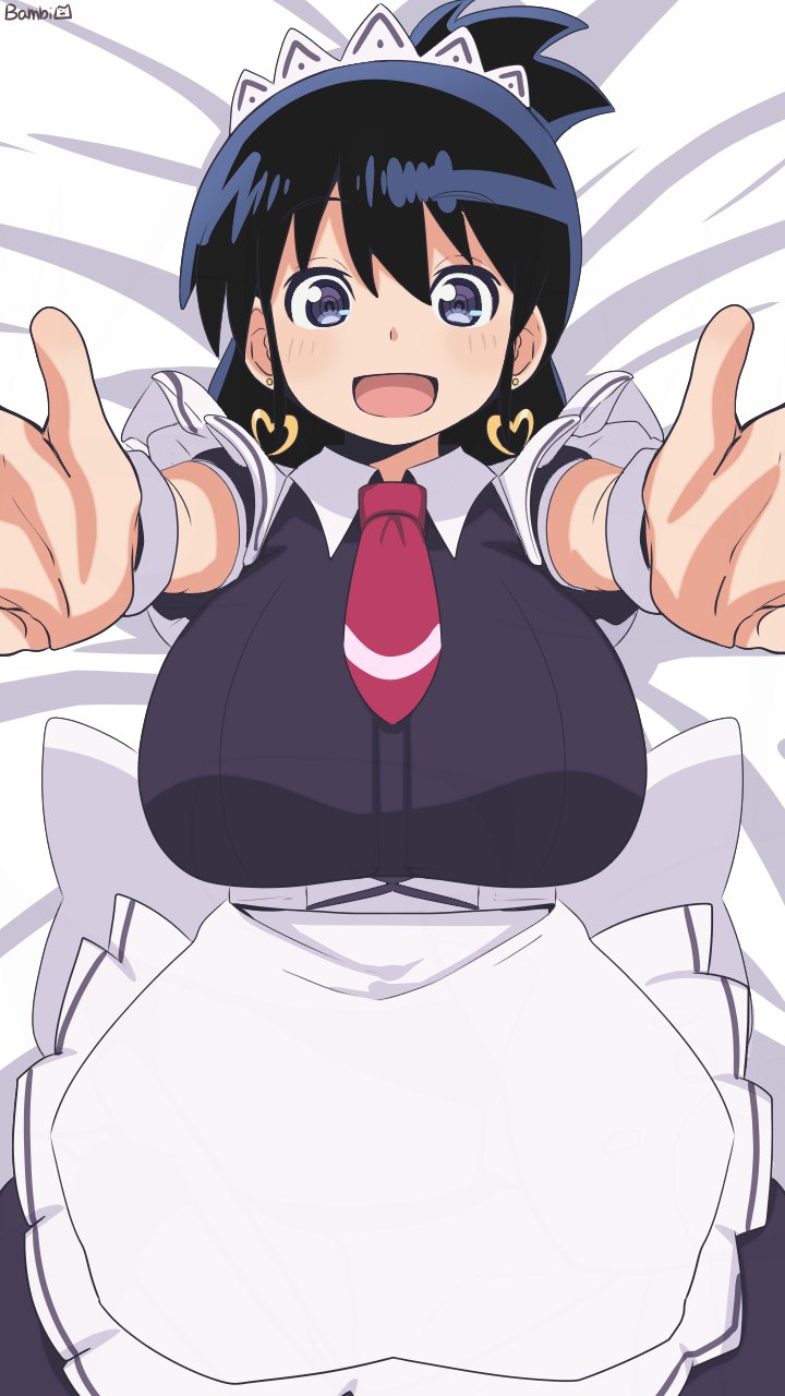 bambi2000line, arato nagi, ruri no houseki, highres, tagme, 1girl, apron, black hair, blue eyes, breasts, large breasts, maid, maid apron, maid headdress, white apron