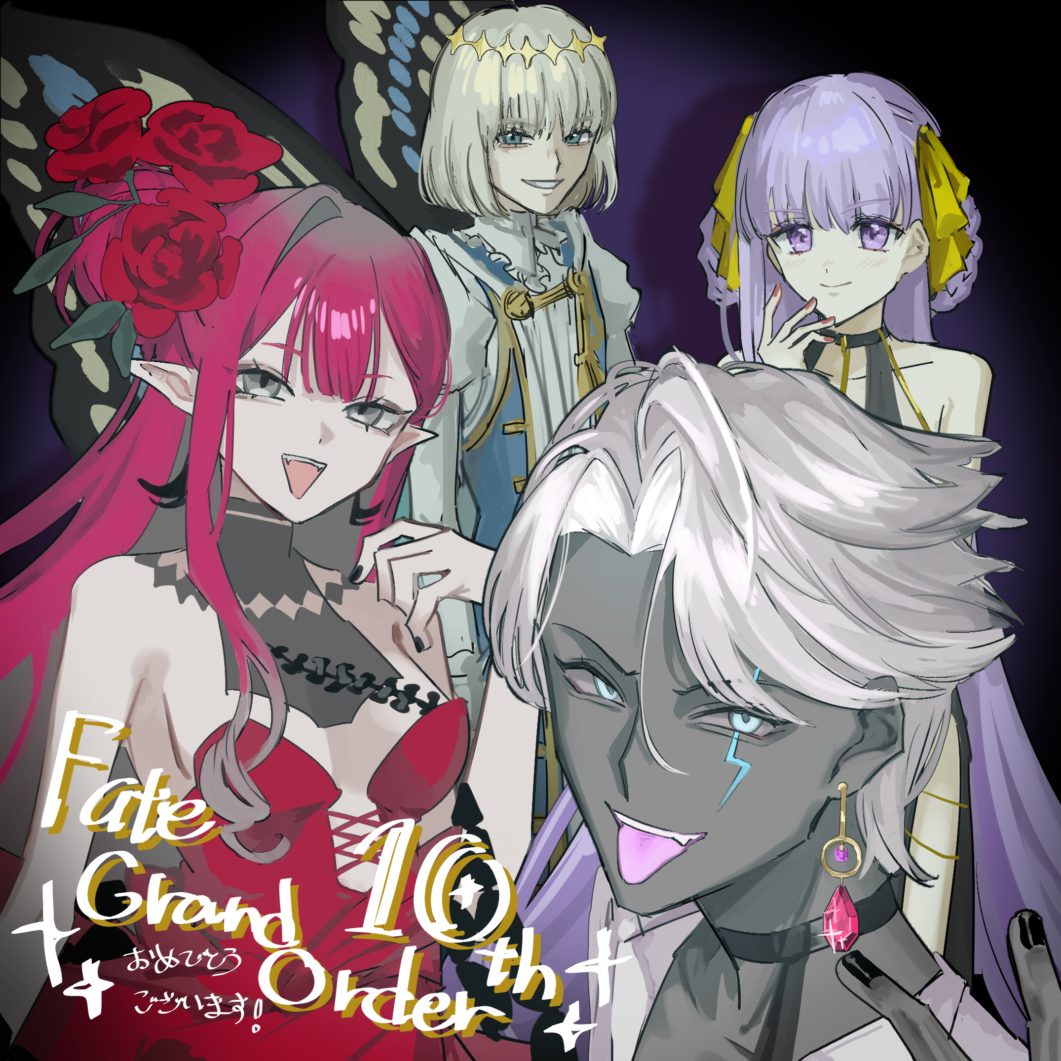 hiyakamosirenai, baobhan sith (celebratory attire) (fate), baobhan sith (fate), bb (fate), bb dubai (fate), indra (celebratory attire) (fate), indra (fate), oberon (fate), oberon (first ascension) (fate), fate/grand order, fate (series), highres, 2boys, 2girls, arthropod boy, bare shoulders, blue eyes, braid, braided hair rings, breasts, butterfly wings, choker, cleavage, colored skin, dark-skinned male, dark skin, diamond hairband, dress, earrings, fangs, flower, grey eyes, grey hair, grey skin, hair flower, hair ornament, hair rings, insect wings, jewelry, lightning, lightning bolt facial mark, lightning bolt symbol, long hair, long sleeves, looking at viewer, multiple boys, multiple girls, pink hair, pointy ears, purple eyes, red dress, red flower, ribbon, rose, shirt, short hair, sidelocks, smile, wings, yellow ribbon