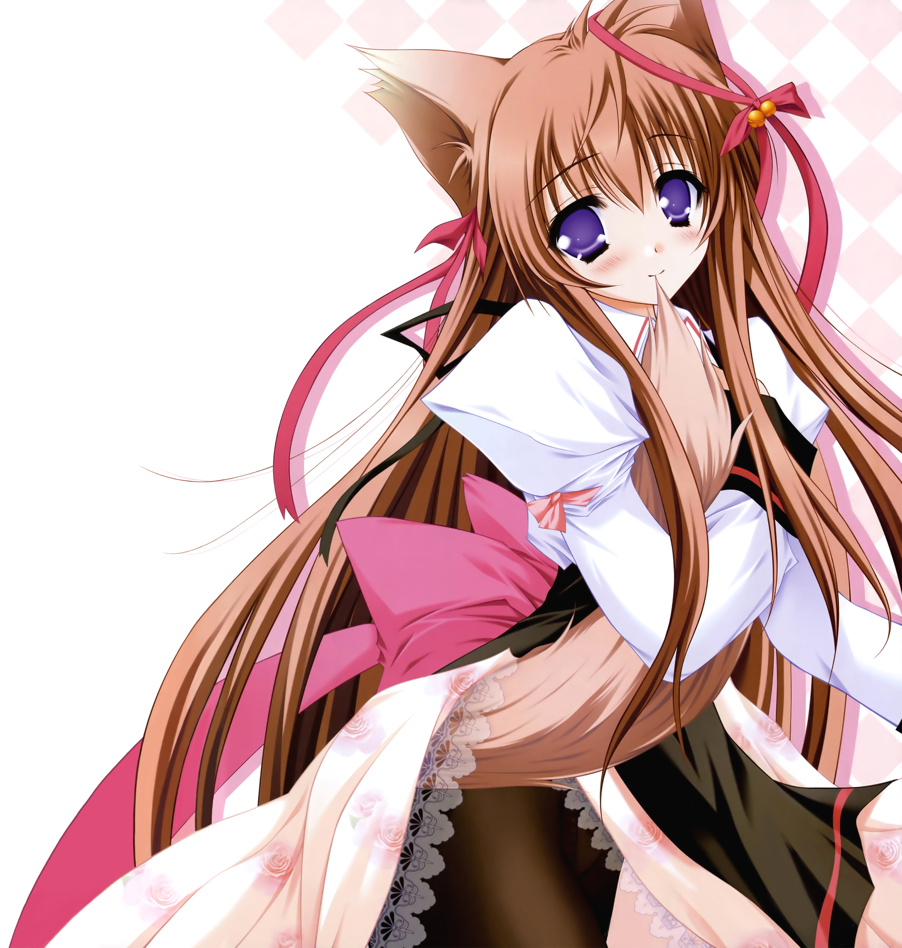 absurdres, highres, animal ears, blush, bow, long hair, panties, pantyhose, ribbon, skirt, tail, underwear, wolf ears