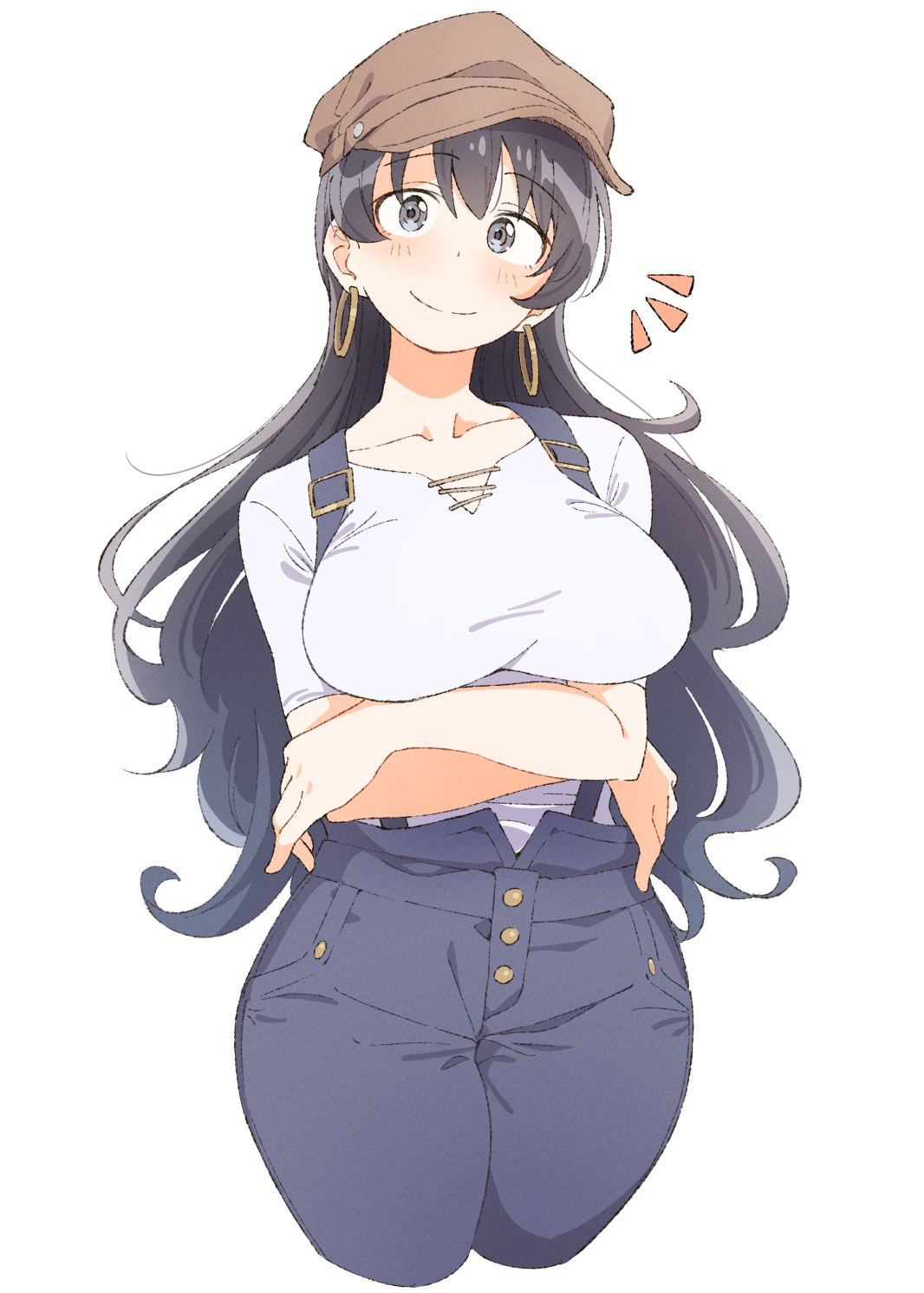 eitopondo, arato nagi, ruri no houseki, commentary request, highres, 1girl, ^^^, arms under breasts, beret, black hair, blue eyes, blush, breasts, closed mouth, collarbone, cowboy shot, cropped legs, denim, grey hat, hat, hoop, jeans, large breasts, long hair, looking at viewer, pants, sanpaku, shirt, simple background, solo, suspenders, white background, white shirt