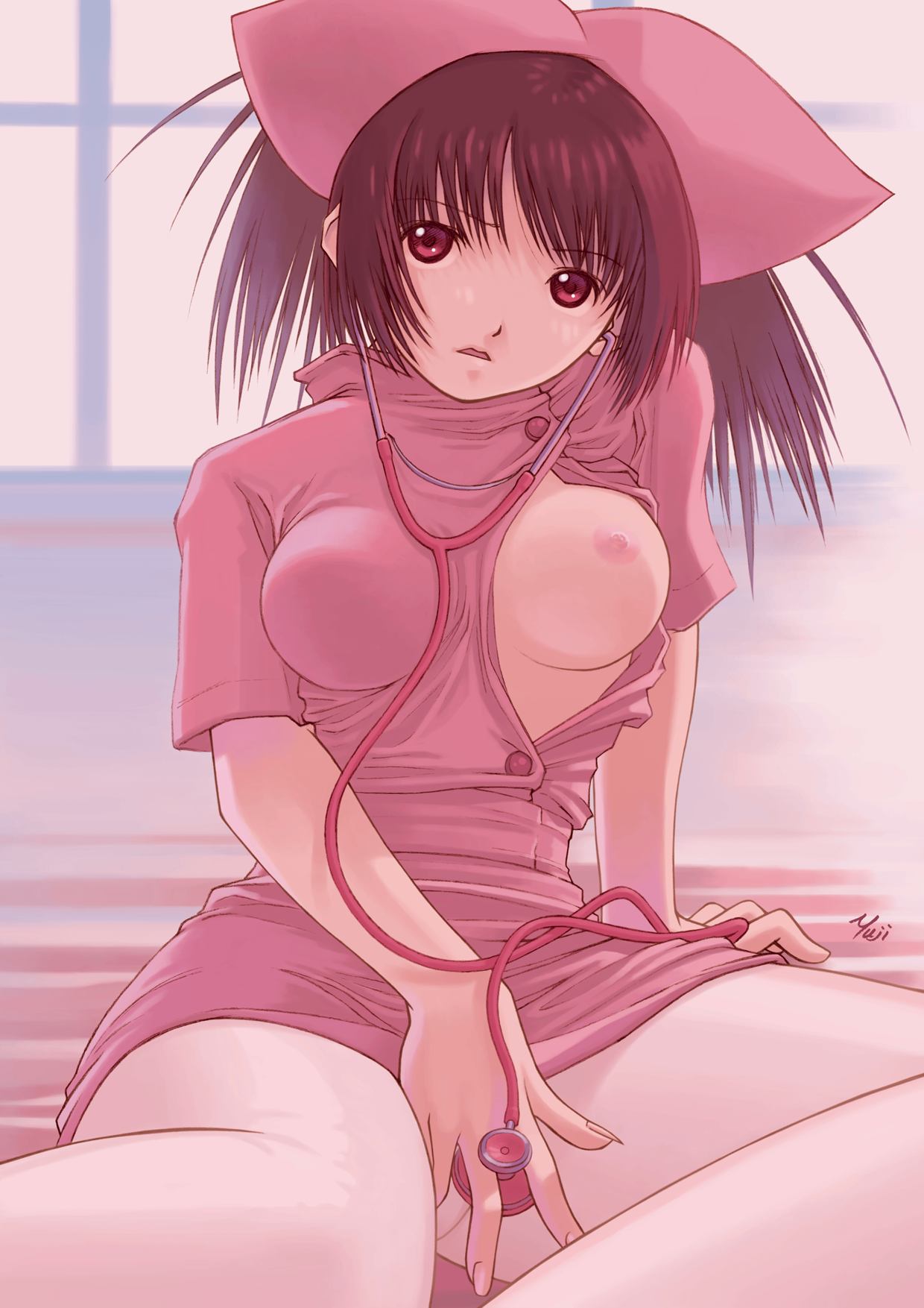 kobayashi yuji, highres, 1girl, artist name, breast slip, breasts, female focus, medium breasts, nipples, no bra, nurse, one breast out, pantyhose, red eyes, sitting, solo, stethoscope