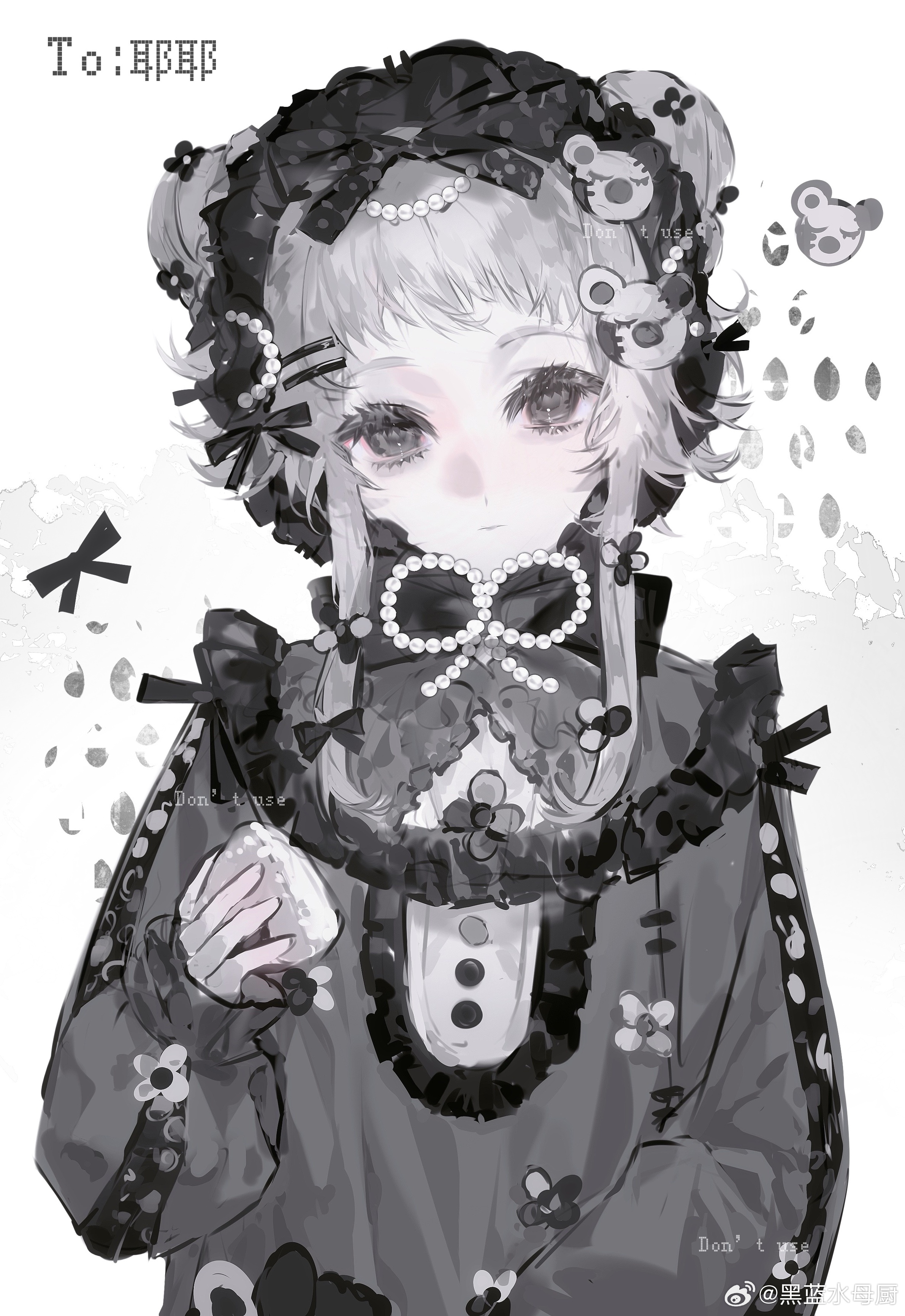 original, absurdres, highres, 1girl, black bonnet, black bow, black dress, black eyes, bonnet, bow, bowtie, center frills, closed mouth, double bun, dress, food, frilled bonnet, frills, gem, grey hair, hair bow, hair bun, hair ornament, hairclip, heilanshuimuchu, holding, jewelry, lolita fashion, long hair, long sleeves, looking at viewer, necklace, pearl (gemstone), pearl hair ornament, puffy long sleeves, puffy sleeves, short hair with long locks, sidelocks, simple background, solo, upper body, white background