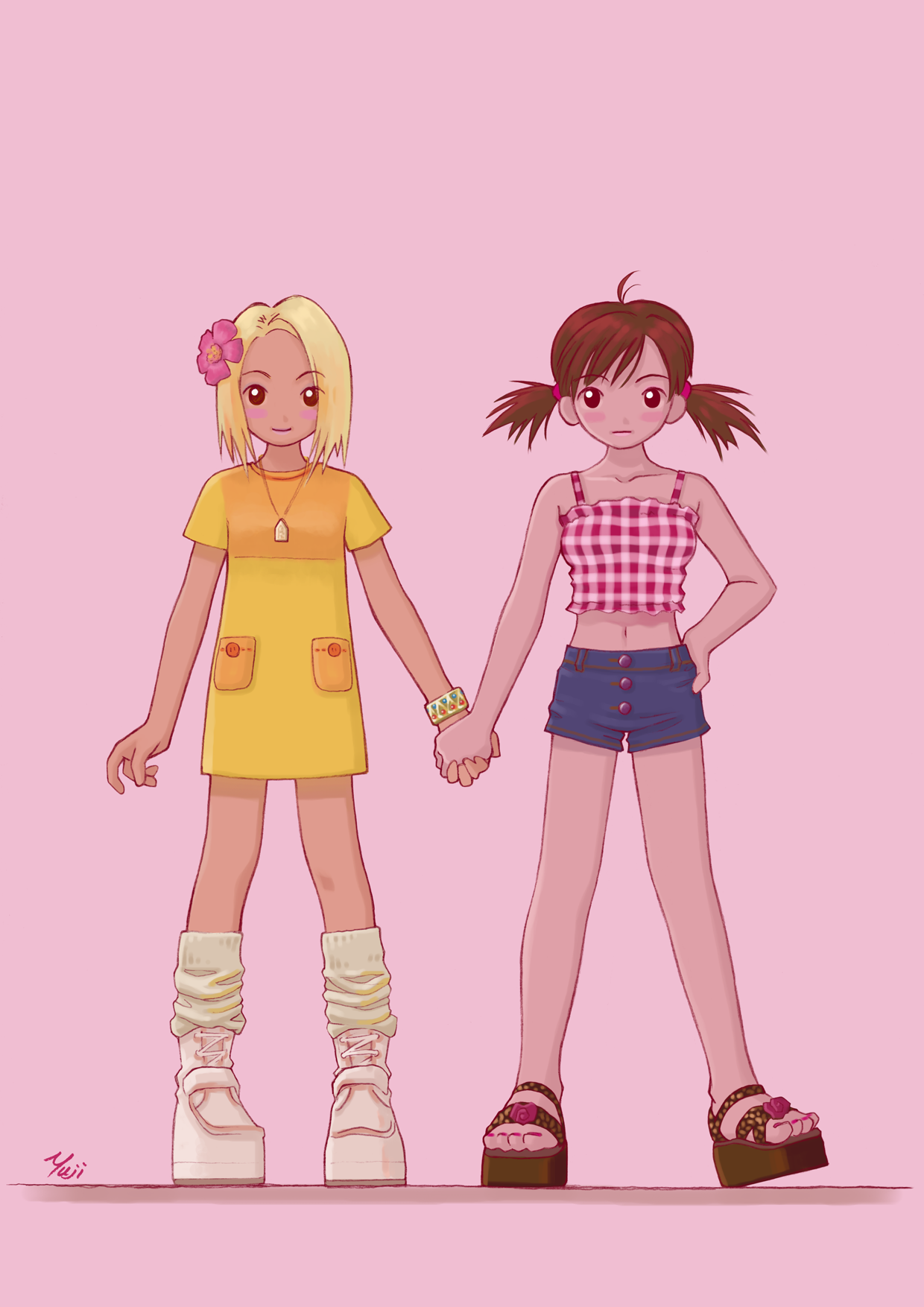 kobayashi yuji, highres, 2girls, ahoge, artist name, bare legs, blush, blush stickers, brown hair, collarbone, crop top, dress, female focus, flower, full body, hair flower, hair ornament, hand on own hip, holding hands, multiple girls, nail polish, navel, pink background, sandals, shorts, smile, standing, twintails, yuri
