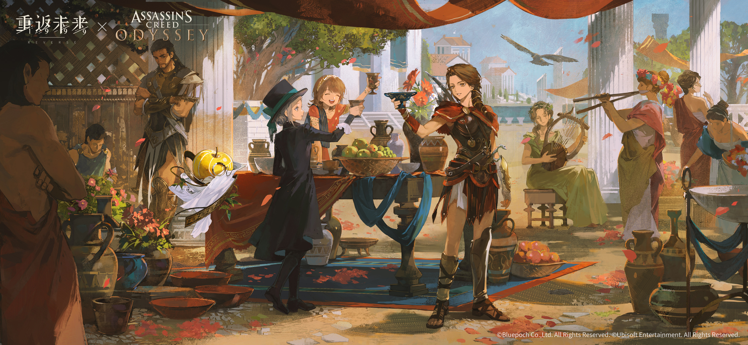 apple (reverse:1999), regulus (reverse:1999), vertin (reverse:1999), assassin's creed: odyssey, assassin's creed (series), reverse:1999, highres, official art, official wallpaper, 2boys, 5girls, alexios (assassin's creed), ancient greek clothes, apple, apple (the fruit of wisdom) (reverse:1999), apple of eden, basket, bird, bow (weapon), brother and sister, cityscape, copyright name, copyright notice, crossed arms, crossover, cup, eagle, food, fruit, golden apple, greco-roman clothes, greek armor, holding, holding cup, holding harp, kassandra of sparta, logo, multiple boys, multiple girls, official alternate costume, siblings, table, toasting (gesture), vase, weapon