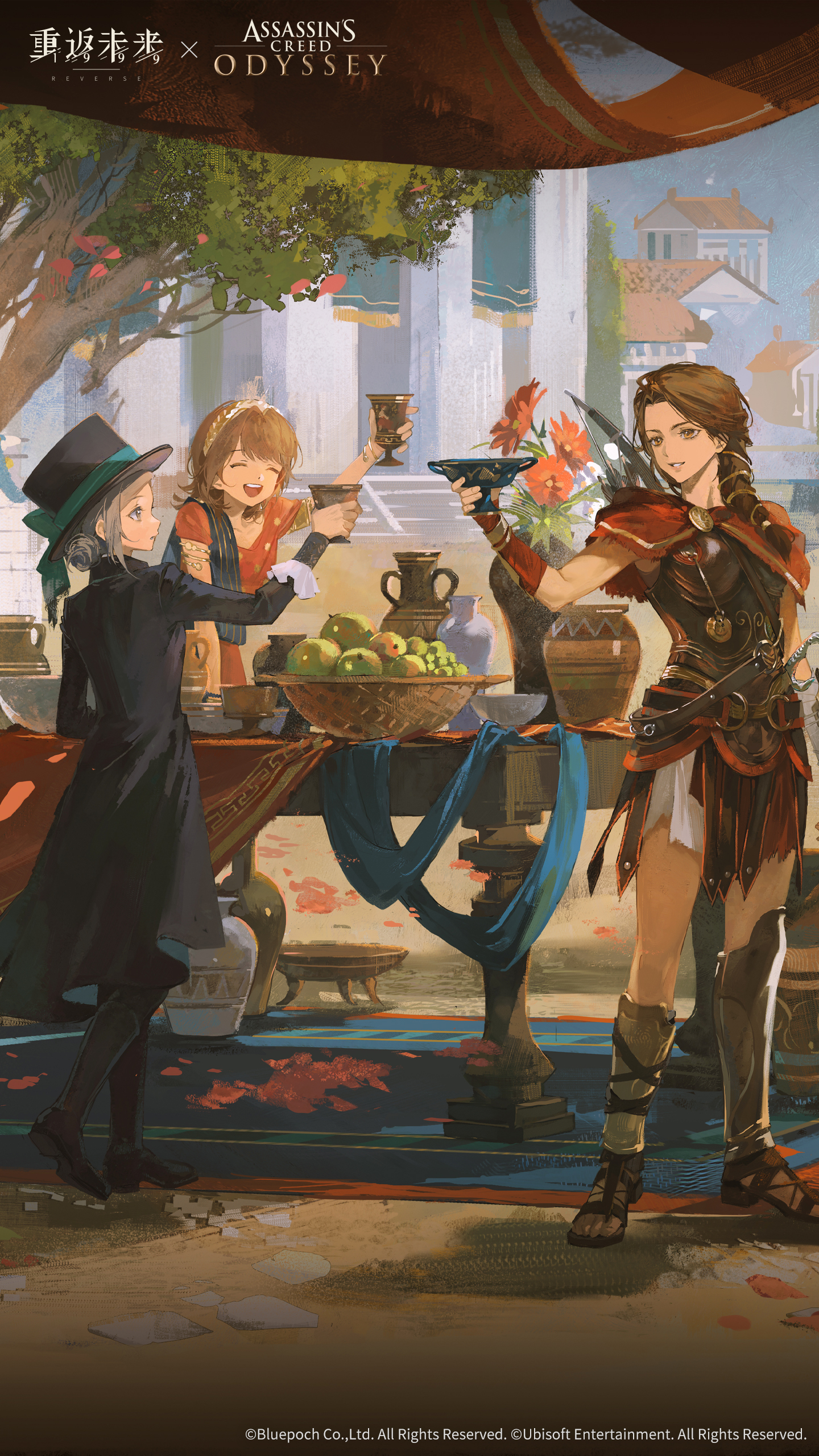 apple (reverse:1999), regulus (reverse:1999), vertin (reverse:1999), assassin's creed: odyssey, assassin's creed (series), reverse:1999, absurdres, highres, official art, official wallpaper, 3girls, ancient greek clothes, apple, apple (the fruit of wisdom) (reverse:1999), apple of eden, basket, bow (weapon), cityscape, copyright name, copyright notice, crossover, cup, food, fruit, golden apple, greco-roman clothes, greek armor, holding, holding cup, holding harp, kassandra of sparta, logo, multiple boys, multiple girls, official alternate costume, table, toasting (gesture), vase, weapon