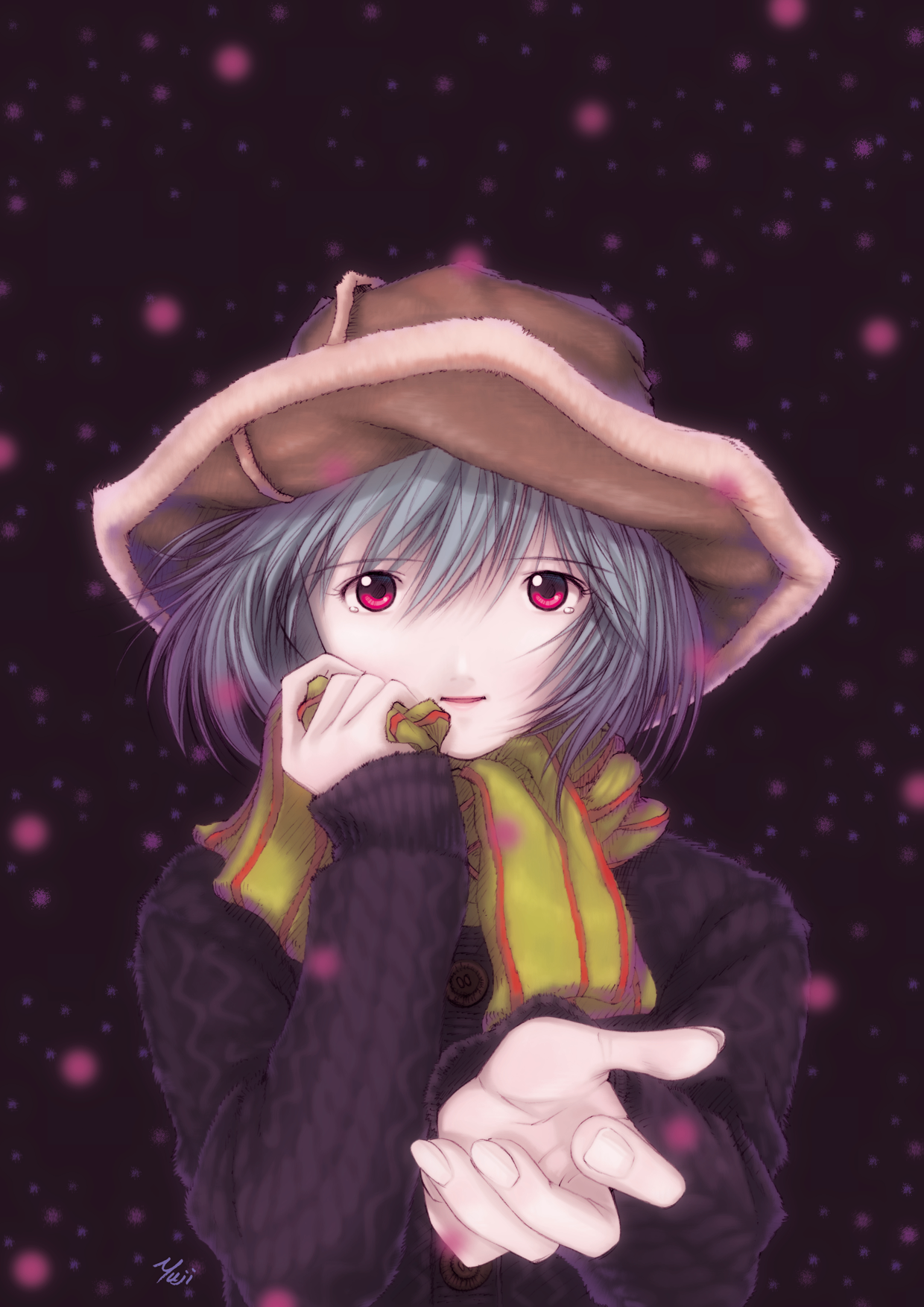kobayashi yuji, ayanami rei, neon genesis evangelion, highres, 1girl, artist name, blue hair, female focus, hat, presenting, red eyes, scarf, solo, tears, winter