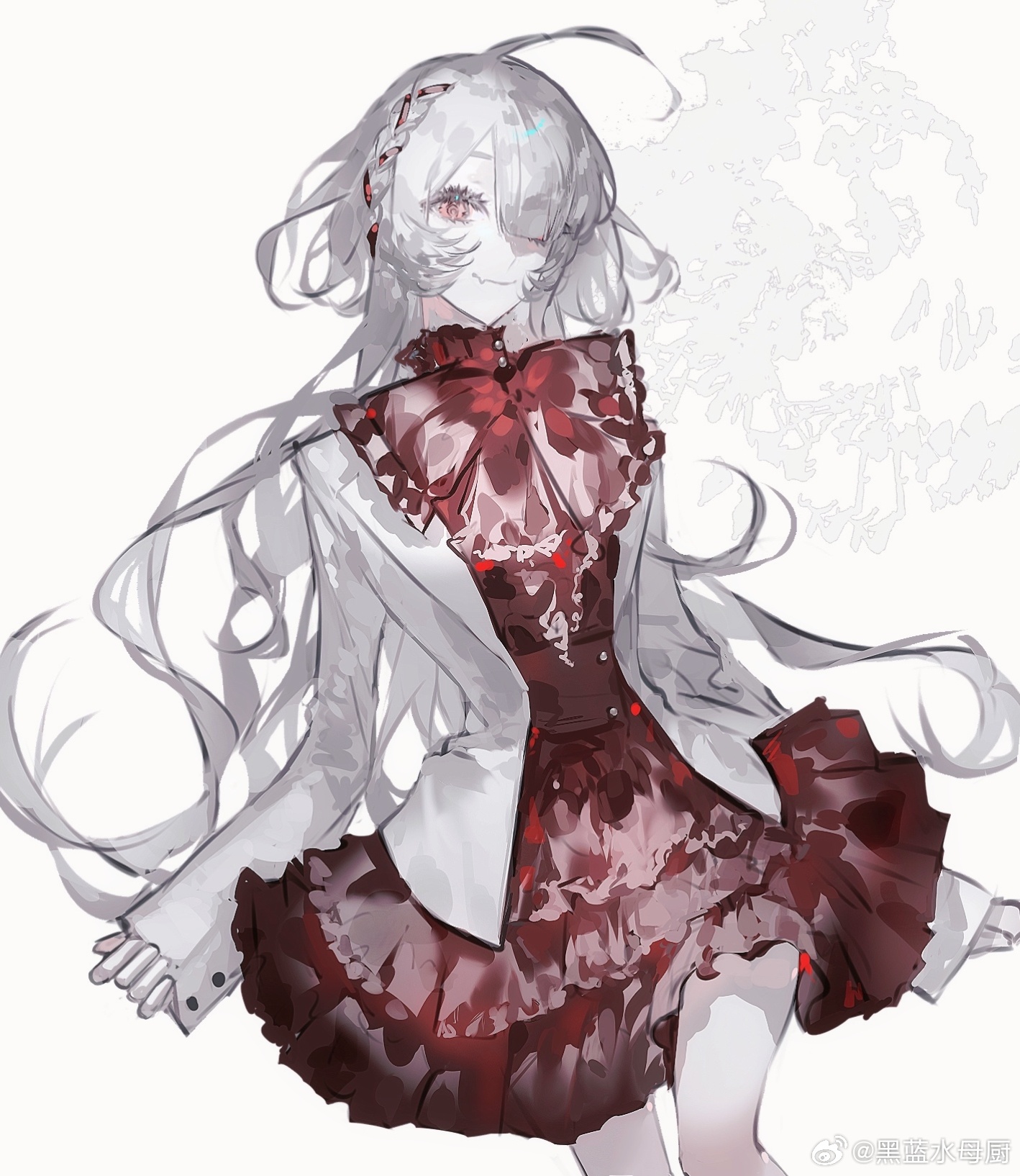 original, highres, 1girl, ahoge, bow, bowtie, center frills, dress, frilled dress, frills, hair over one eye, heilanshuimuchu, jacket, long hair, long sleeves, looking at viewer, open clothes, open jacket, red bow, red dress, red eyes, simple background, sleeves past wrists, smile, solo, too many, too many frills, very long hair, white background, white hair, white jacket