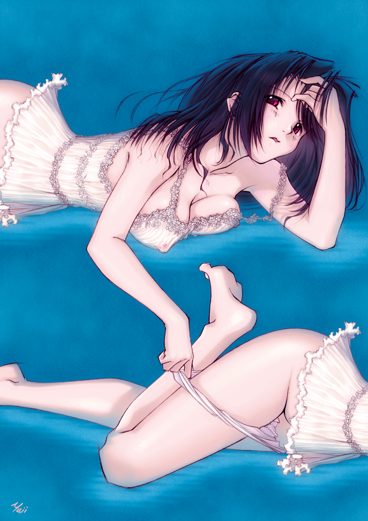 kobayashi yuji, original, highres, 2girls, artist name, barefoot, black hair, breast press, breasts, cleavage, covered erect nipples, feet, female focus, hand in own hair, large breasts, lingerie, long hair, lying, multiple girls, panties, panty pull, red eyes, see-through clothes, signature, soles, toes, underwear