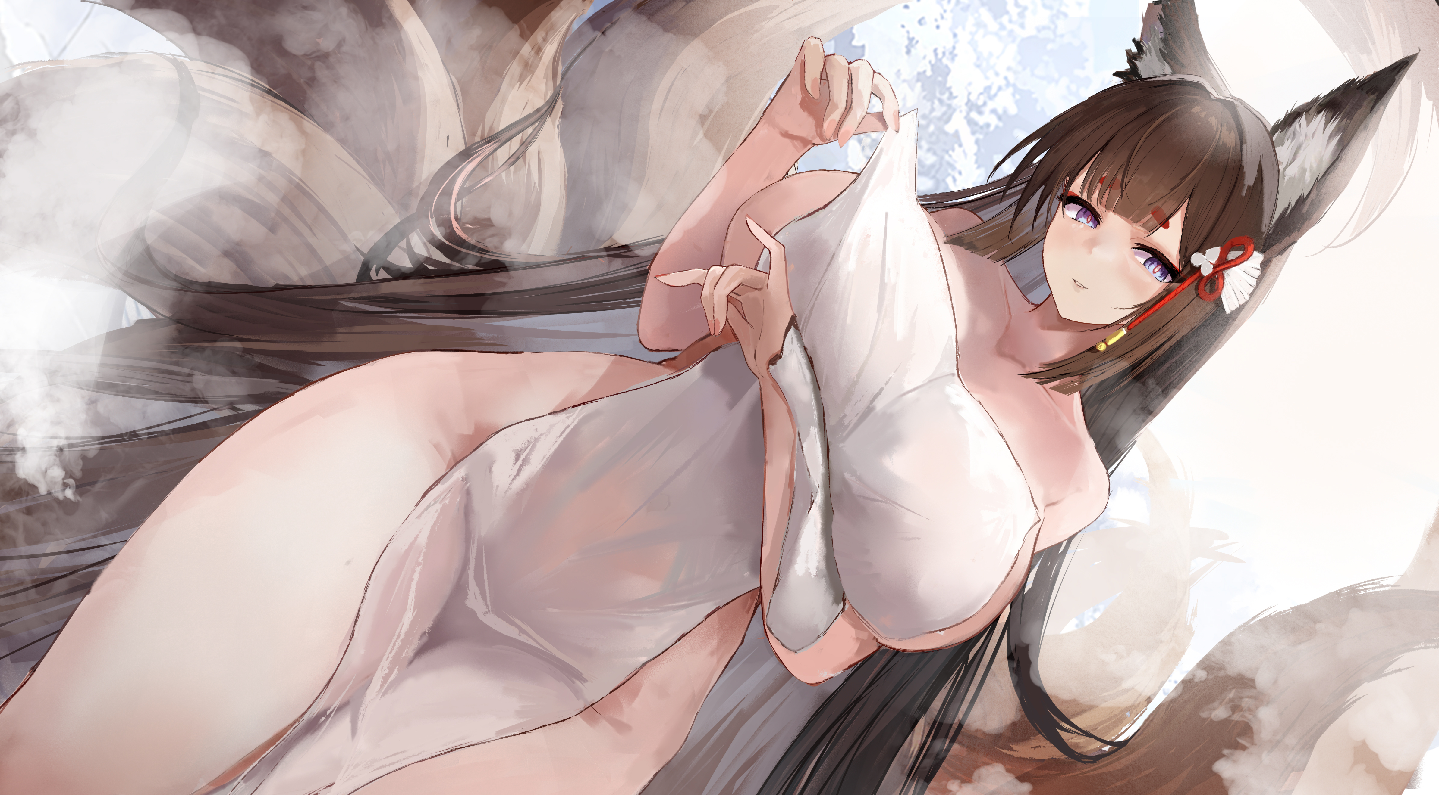 suo bu ye feng, amagi (azur lane), azur lane, absurdres, highres, 1girl, animal ear fluff, animal ears, arm under breasts, breasts, brown hair, collarbone, fox ears, fox tail, huge breasts, long hair, looking at viewer, multiple tails, naked towel, onsen, outdoors, solo, steam, tail, thick thighs, thighs, towel, very long hair, wide hips