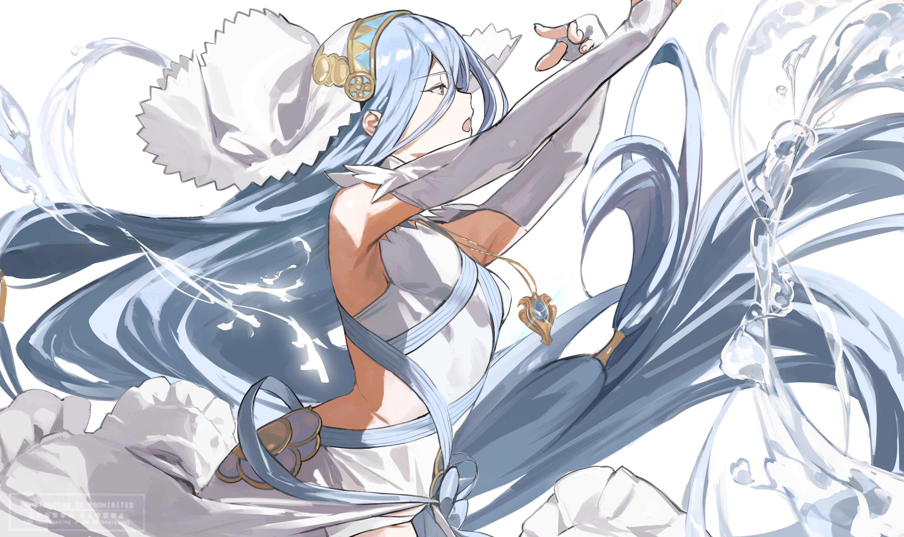 hashibiro kou (garapiko p), azura (fire emblem), fire emblem, fire emblem fates, nintendo, commentary request, highres, 1girl, armpits, arms up, blue gemstone, blue hair, breasts, dancer, dancing, diffraction spikes, dress, elbow gloves, fingerless gloves, floating hair, frills, gem, glint, gloves, hair between eyes, jewelry, long hair, necklace, open mouth, panties, simple background, small breasts, solo, underwear, veil, very long hair, water, white background, white dress, white panties, yellow eyes