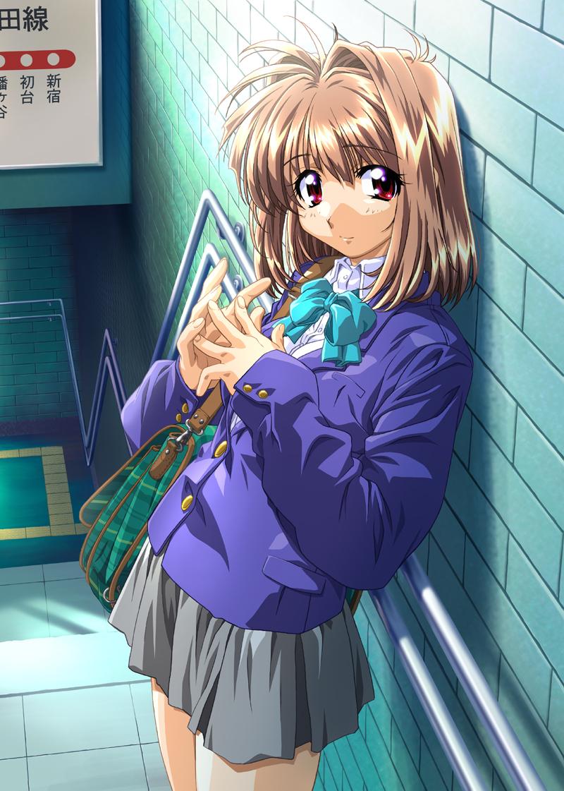 kawai rie, lovers (game), tagme, 1girl, brown hair, female focus, looking at viewer, outdoors, red eyes, school uniform, serafuku, skirt, solo, standing