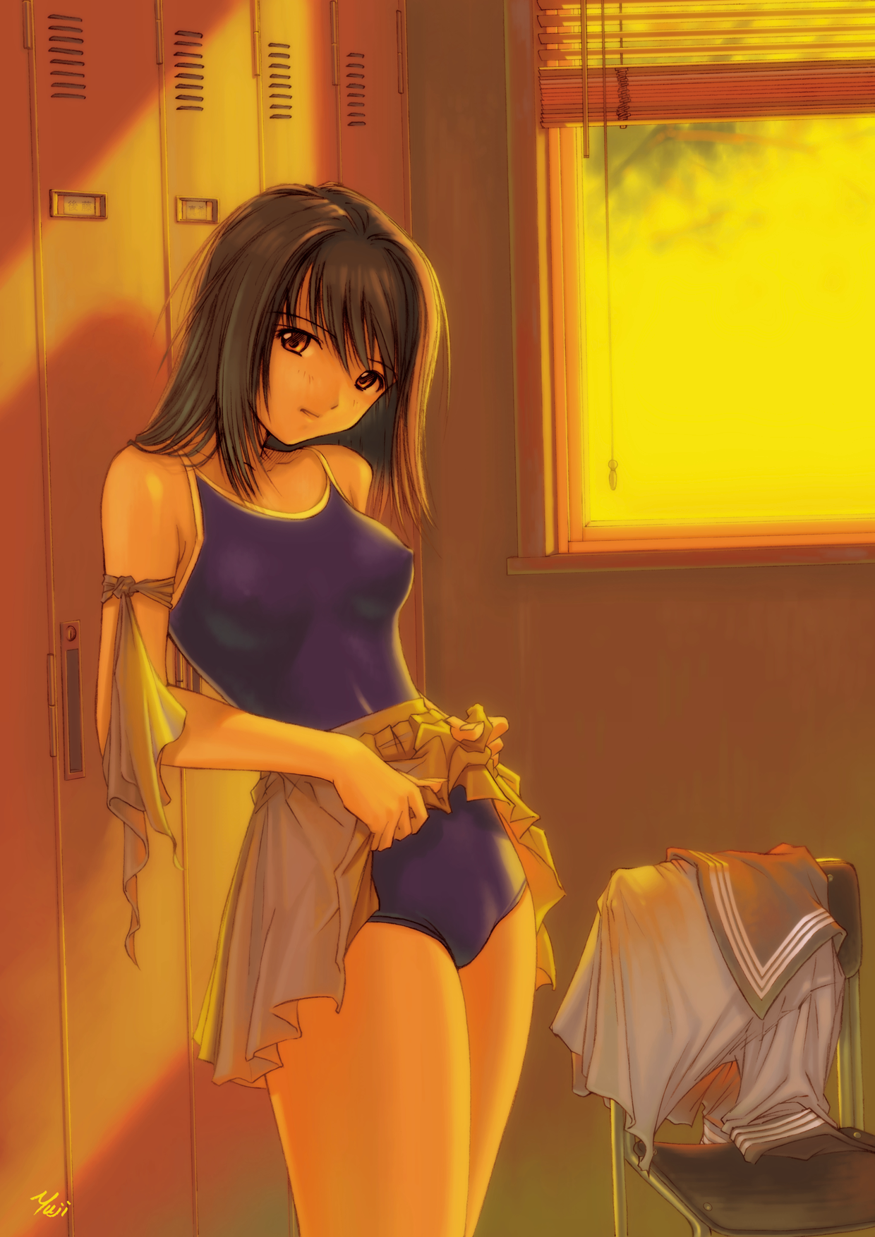 kobayashi yuji, highres, tagme, 1girl, black hair, brown eyes, covered erect nipples, locker, looking at viewer, one-piece swimsuit, solo, standing, swimsuit
