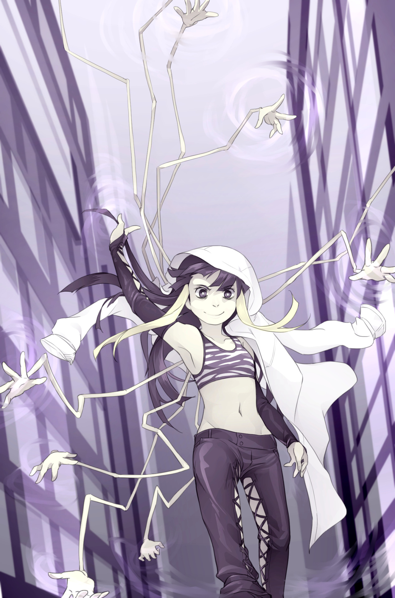 kuroyoru umidori, toaru majutsu no index, toaru majutsu no index: new testament, commentary, english commentary, highres, 1girl, aerokinesis, air current, animal print, arm up, armpits, arms up, bare shoulders, black eyes, black hair, black pants, black sleeves, breasts, bright pupils, building, closed mouth, coat, coat on head, collarbone, crop top, cross-laced clothes, cross-laced legwear, cross-laced pants, cross-laced sleeves, cyborg, detached sleeves, extra arms, feet out of frame, grey tank top, groin, lace-up, lace-up legwear, lace-up pants, lace-up sleeves, long hair, long sidelocks, long sleeves, looking at viewer, mechanical arms, midriff, multicolored hair, navel, outdoors, pants, purple background, purple theme, science fiction, sidelocks, small breasts, smile, solo, stomach, tank top, two-tone hair, two-tone tank top, vilatile, visible air, walking, white coat, white pupils, wind, window, zebra print