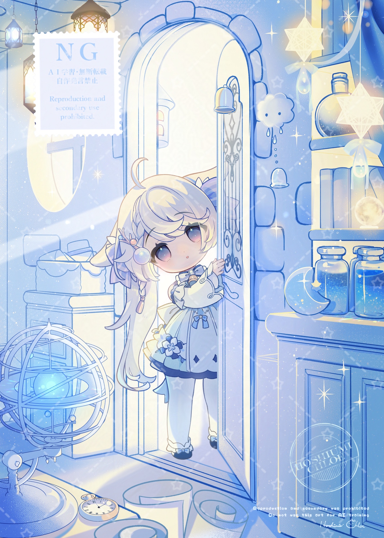 original, highres, 1girl, ahoge, blue eyes, bookshelf, chibi, cupboard, dress, eyebrows hidden by hair, flat chest, full body, globe, gradient eyes, hair ribbon, jar, long hair, looking at viewer, multicolored eyes, open mouth, opening door, peeking out, pocket watch, ribbon, solo, soranomizupoka, thighhighs, twintails, very long hair, watch, white dress, white thighhighs