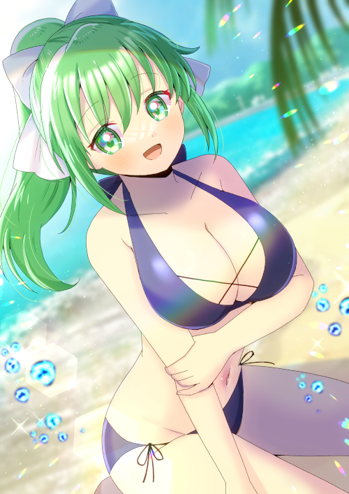 kou hiyoyo, original, commentary request, commission, skeb commission, 1girl, :d, bare arms, bare shoulders, beach, bikini, blue bikini, blurry, blurry background, bow, breasts, cleavage, day, depth of field, green eyes, green hair, hair between eyes, hair bow, halterneck, large breasts, long hair, navel, ocean, open mouth, outdoors, ponytail, side-tie bikini bottom, smile, solo, swimsuit, white bow