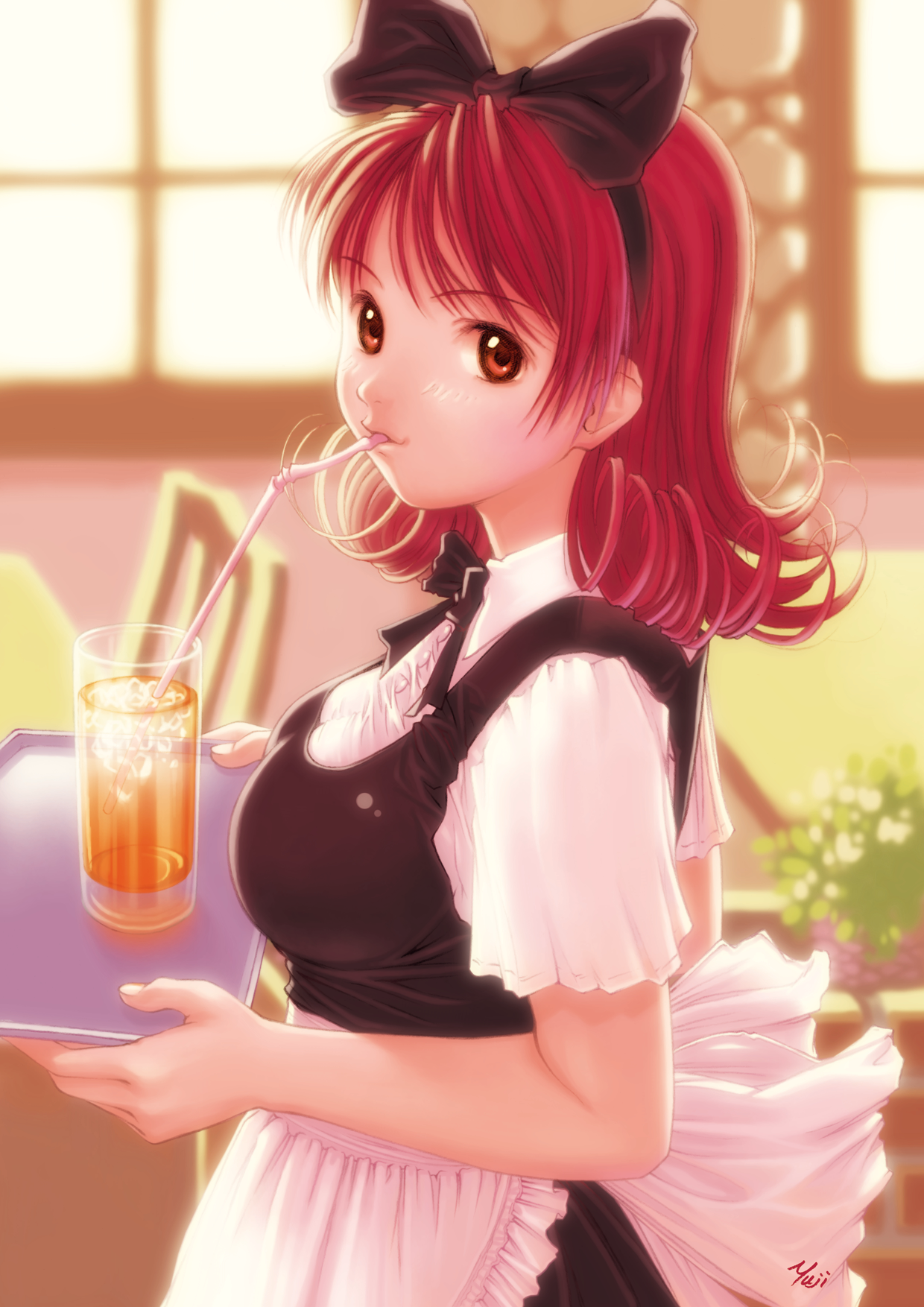 kobayashi yuji, highres, 1girl, artist name, breasts, drink, drinking, drinking straw, female focus, looking at viewer, red hair, short sleeves, solo, tray, waitress