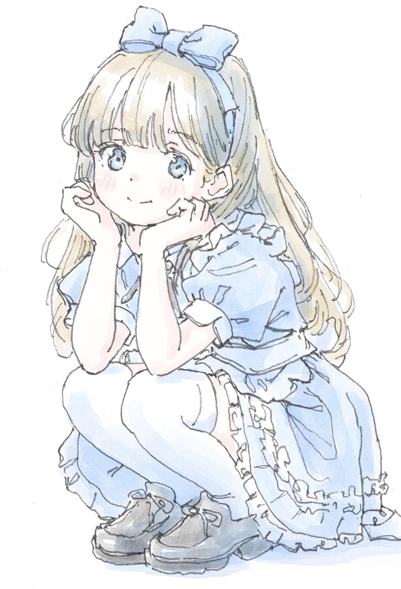 poranka (porankaran), alice (alice in wonderland), alice's adventures in wonderland, highres, 1girl, apron, blue bow, blue dress, blue eyes, blush, bow, brown hair, closed mouth, dress, frilled dress, frills, full body, hair bow, long hair, puffy short sleeves, puffy sleeves, ribbon, shoes, short sleeves, simple background, smile, solo, squatting, thighhighs, white background