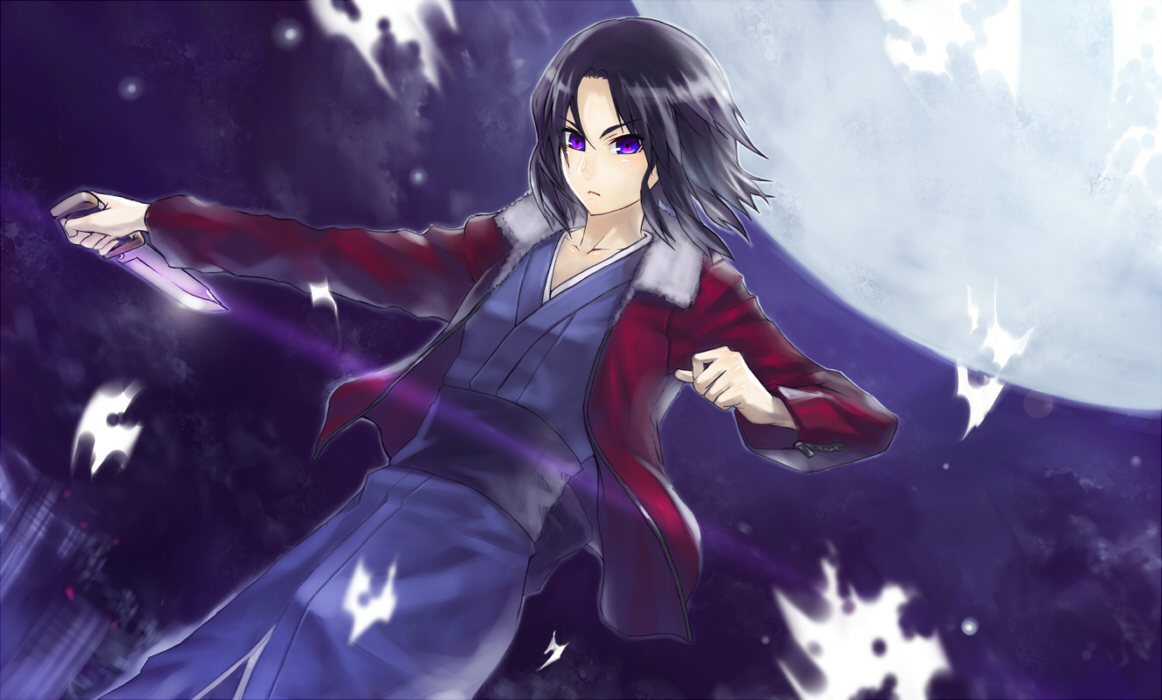 nidy, ryougi shiki, kara no kyoukai, type-moon, 1girl, black hair, blue eyes, brown hair, female focus, full moon, glowing, glowing eyes, jacket, japanese clothes, kimono, knife, moon, multicolored eyes, night, obi, pink eyes, red jacket, reverse grip, sash, short hair, solo