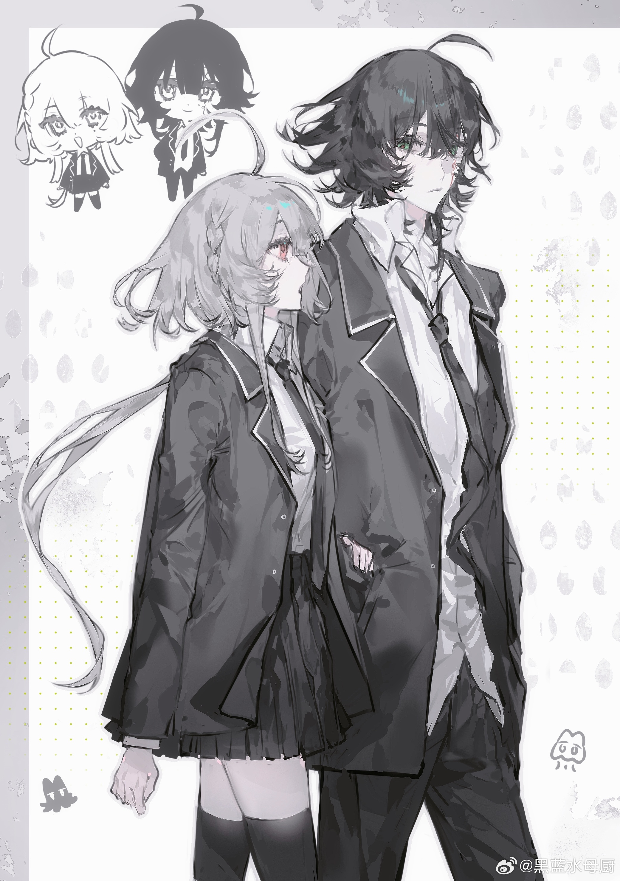 original, absurdres, highres, 1boy, 1girl, ahoge, between breasts, black hair, black jacket, black necktie, black pants, black skirt, black thighhighs, blazer, braid, breasts, chibi, chibi inset, closed mouth, collared shirt, from side, grey hair, heilanshuimuchu, jacket, long hair, long sleeves, low ponytail, necktie, open clothes, open jacket, open mouth, pants, pleated skirt, ponytail, school uniform, shirt, short hair, sidelocks, skirt, thighhighs, white shirt