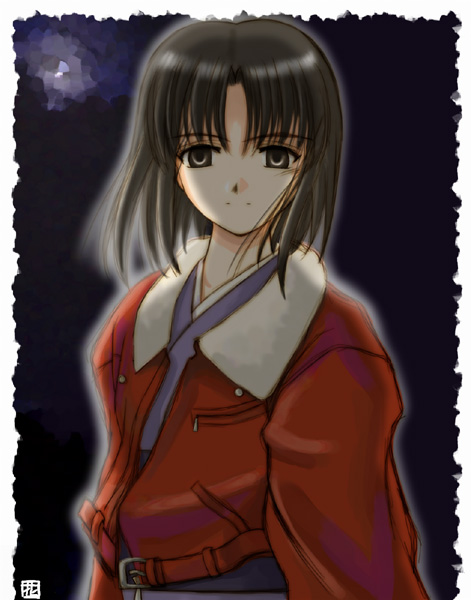 hana (hana mo arashi mo), ryougi shiki, kara no kyoukai, type-moon, 1girl, black hair, brown eyes, female focus, jacket, japanese clothes, kimono, night, red jacket, short hair, smile, solo