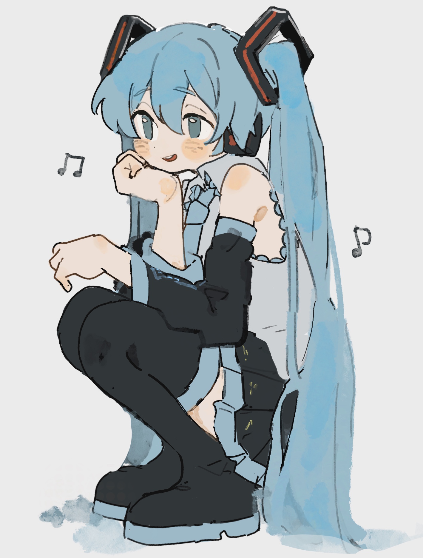mo pemo ~tsupe, hatsune miku, vocaloid, highres, 1girl, aqua eyes, aqua hair, aqua necktie, bare shoulders, black boots, black skirt, blush stickers, boots, collared shirt, grey shirt, hair between eyes, head rest, headphones, long hair, musical note, necktie, no tattoo, open mouth, pleated skirt, shirt, simple background, skirt, sleeveless, sleeveless shirt, smile, solo, squatting, teeth, thigh boots, twintails, upper teeth only, very long hair, white background