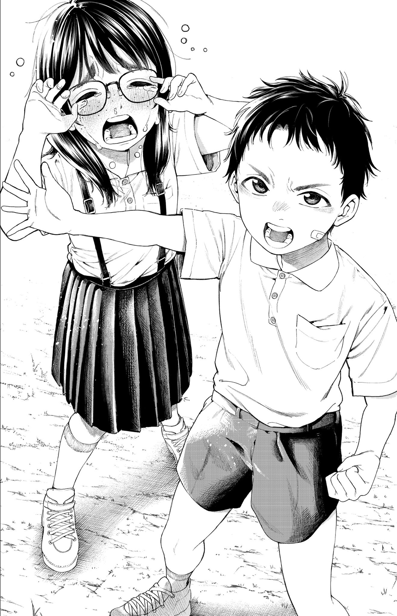 morimoto atsushi, original, highres, 1boy, 1girl, blush, closed eyes, crying, glasses, greyscale, monochrome, open mouth, shirt, shoes, short sleeves, shorts, siblings, skirt, sneakers, socks, standing, tears