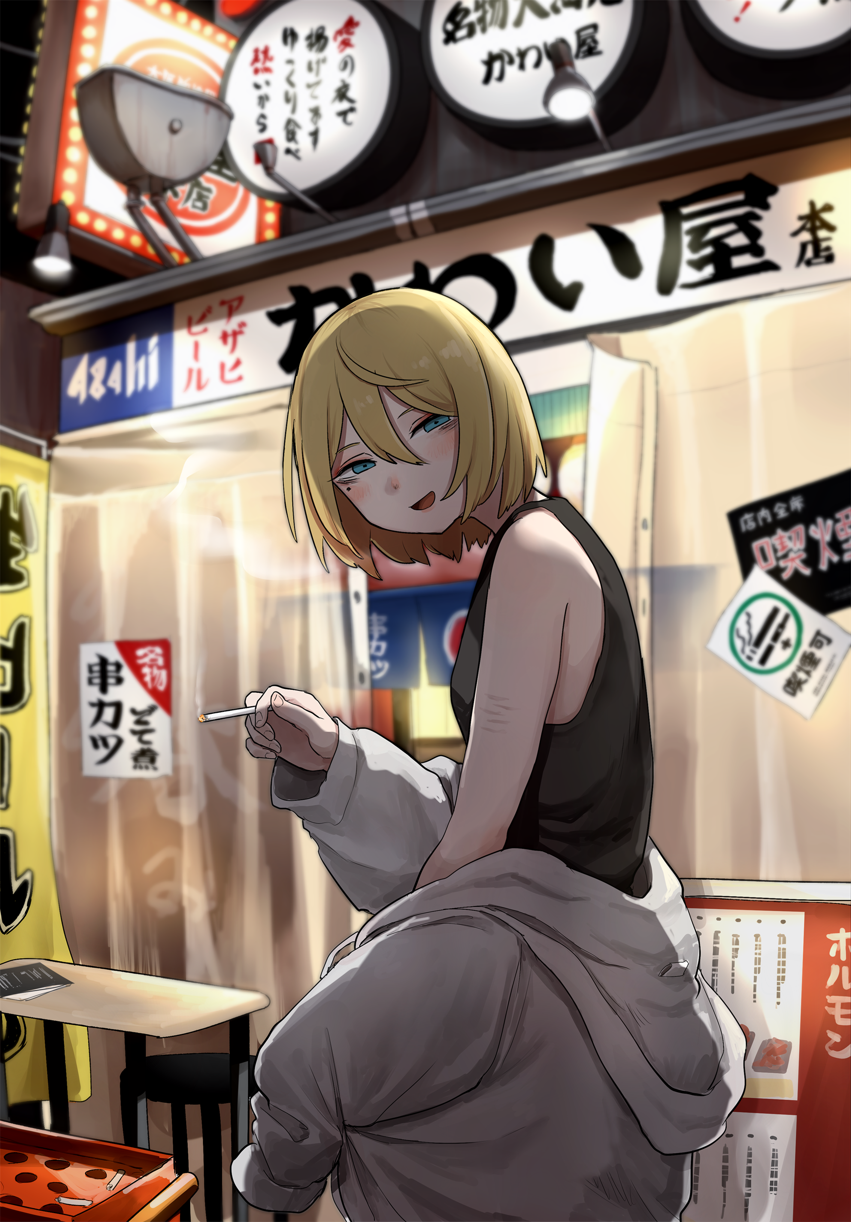tabao, original, absurdres, highres, 1girl, :d, aki (tabao), ashtray, blonde hair, blue eyes, cigarette, mole, mole under eye, open mouth, self-harm scar, short hair, smile, smoking, solo
