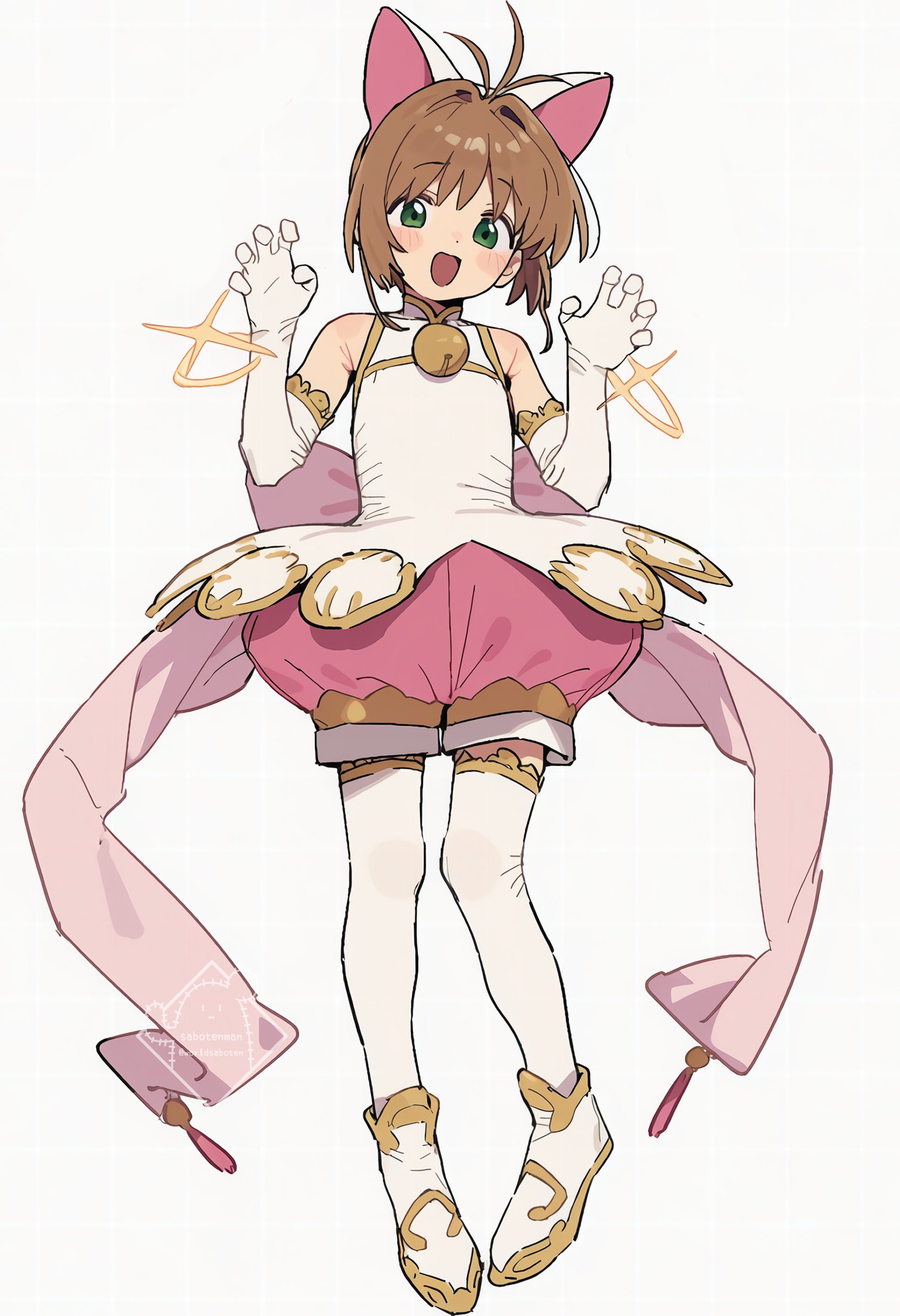 worldsaboten, kinomoto sakura, cardcaptor sakura, absurdres, highres, 1girl, animal ears, antenna hair, brown hair, cat ears, cat tail, elbow gloves, full body, gloves, green eyes, hair intakes, looking at viewer, open mouth, short hair, smile, solo, tail, thighhighs, white gloves