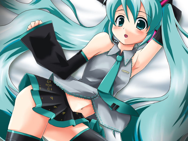 hatsune miku, vocaloid, vocaloid2, armpits, ass, blush, flat chest, midriff, navel, necktie, skirt, thighhighs, twintails