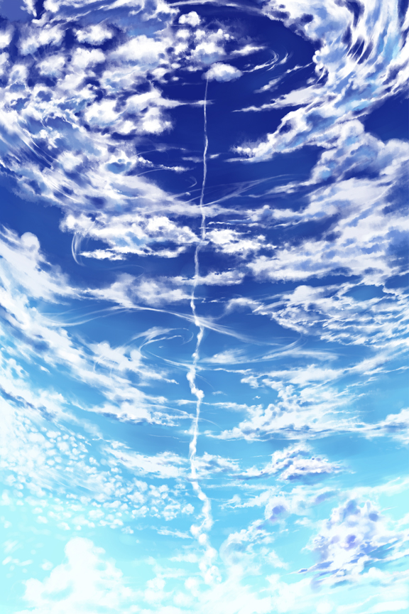 midori no ruupe, bad id, bad pixiv id, blue theme, cloud, day, no humans, scenery, sky, smoke