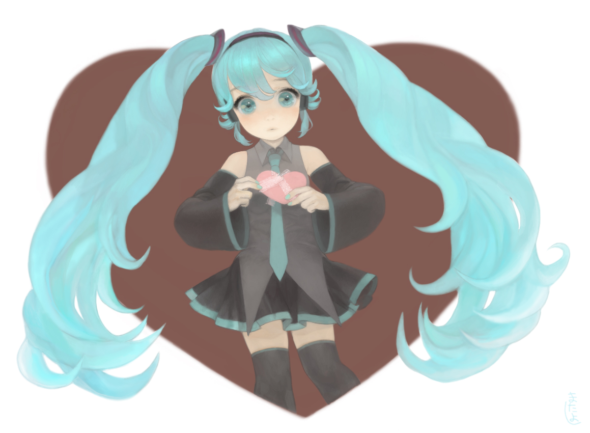 matayoshi, hatsune miku, vocaloid, 1girl, aqua eyes, aqua hair, aqua nails, bare shoulders, detached sleeves, female focus, hairband, heart, heart on chest, long hair, nail polish, necktie, skirt, solo, thighhighs, twintails, valentine, very long hair, zettai ryouiki