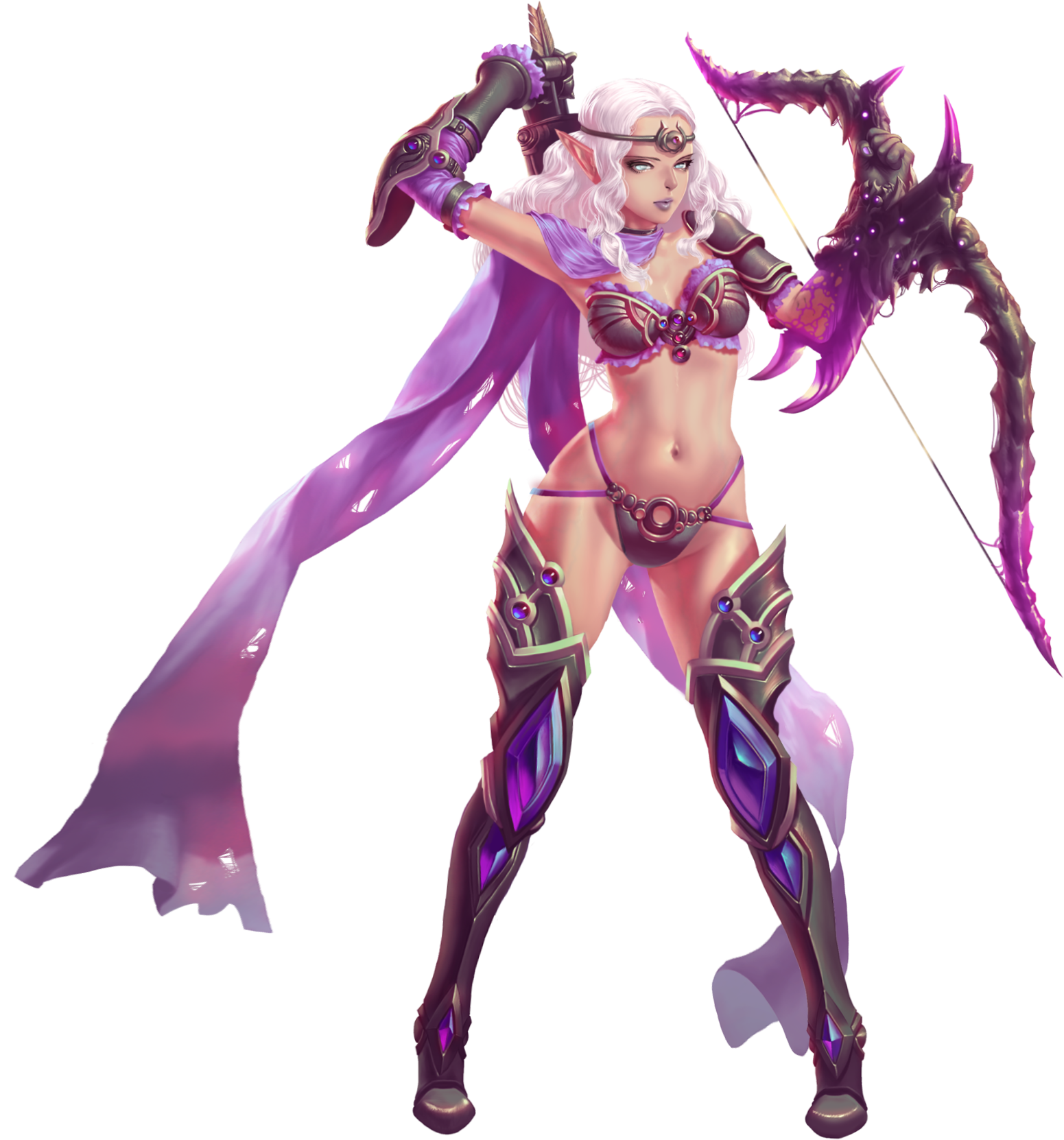 crystal maiden (series), artist request, game cg, highres, official art, variant set, 1girl, armor, arrow (projectile), artistic error, bare hips, bikini armor, blue eyes, bow (weapon), breasts, cleavage, elf, full body, gloves, groin, holding, holding arrow, holding bow (weapon), holding weapon, ivory (crystal maidens), leg armor, navel, pointy ears, purple lips, quiver, revealing clothes, shoulder armor, solo, transparent background, weapon, white hair