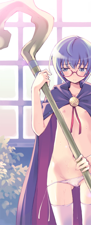 inato serere, tabitha (zero no tsukaima), zero no tsukaima, 00s, 1girl, blue hair, blush, cape, female focus, flat chest, glasses, lowleg, lowleg panties, nipples, panties, pentacle, pussy juice, short hair, side-tie panties, solo, staff, thighhighs, topless female, underwear