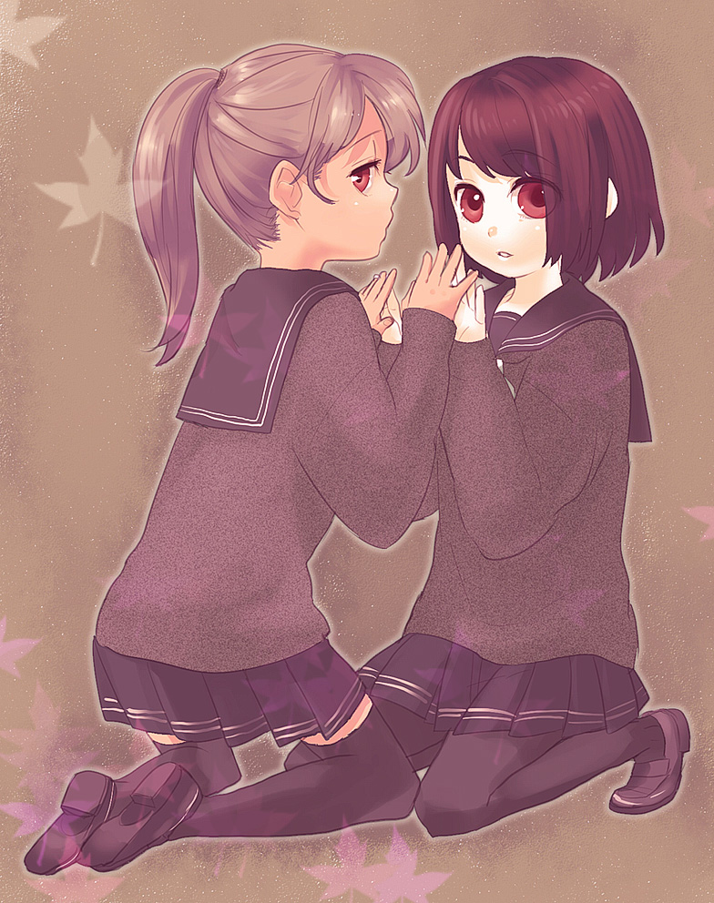 kanan (karehane), original, 2girls, brown hair, food, holding hands, kneeling, long hair, multiple girls, pantyhose, ponytail, red eyes, red hair, school uniform, serafuku, short hair, sitting, steamed bun, thighhighs